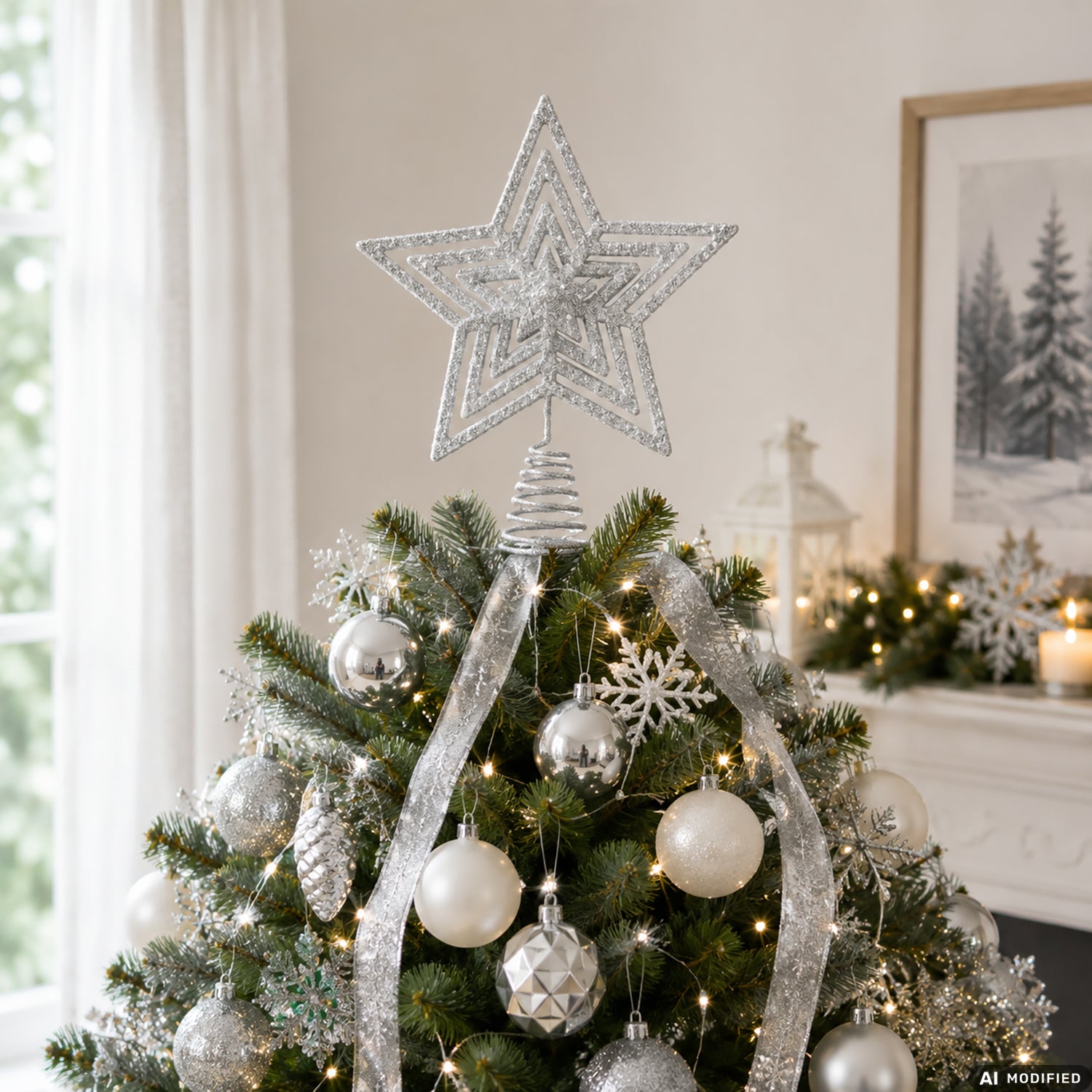 VESTIAMO CASA GRAN NATALE - Puntale Stella per Albero di Natale Argento Glitter h27 cm