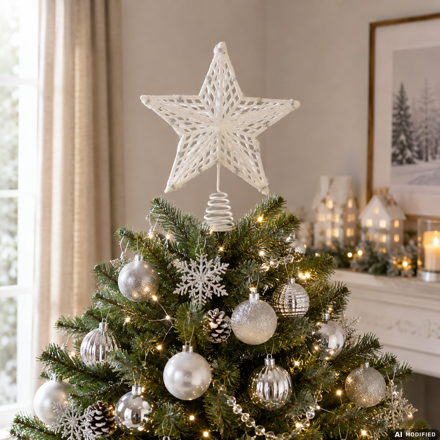 VESTIAMO CASA GRAN NATALE - Puntale Stella per Albero di Natale Bianco Glitter h27 cm