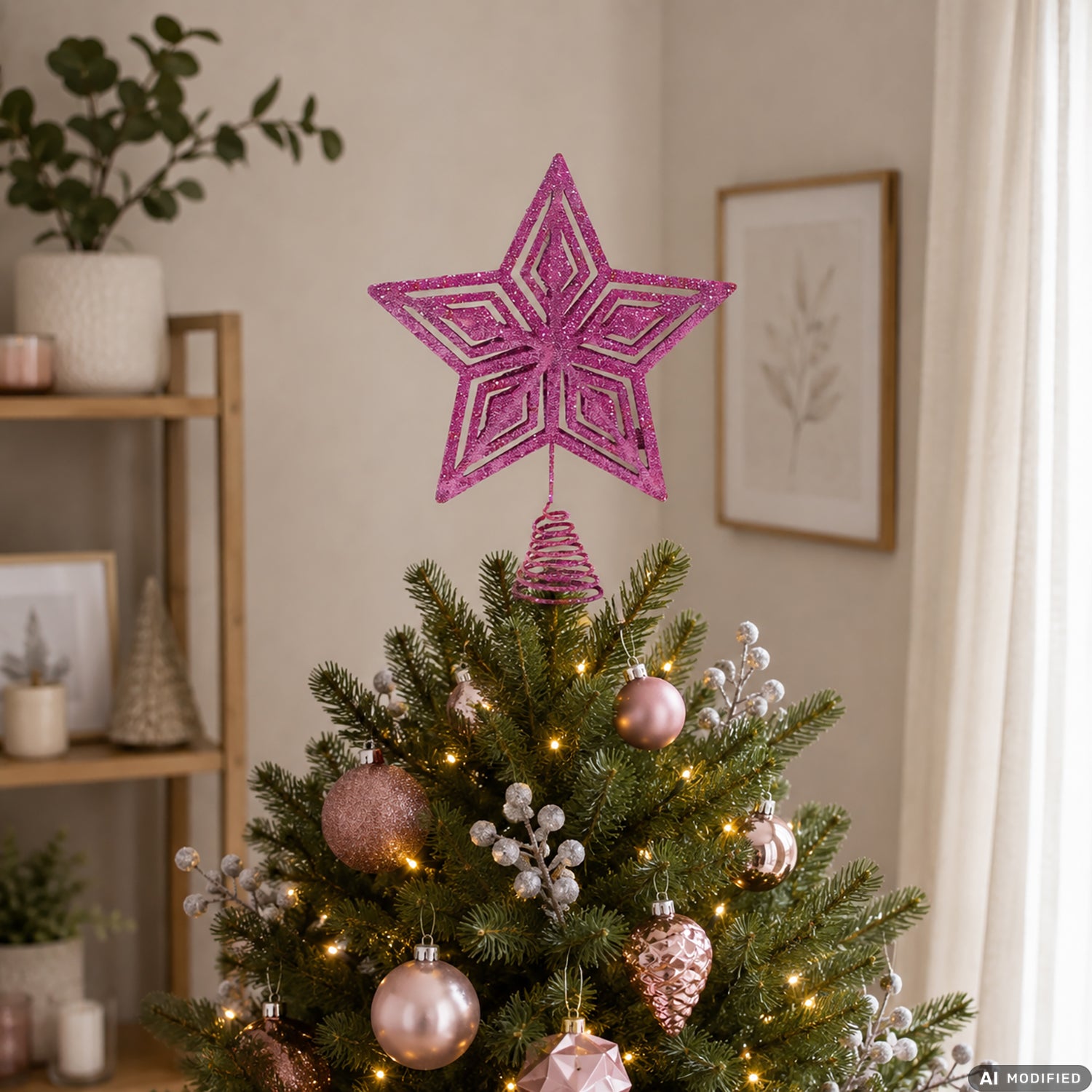 VESTIAMO CASA GRAN NATALE - Puntale Stella per Albero di Natale Rosa Glitter h27 cm