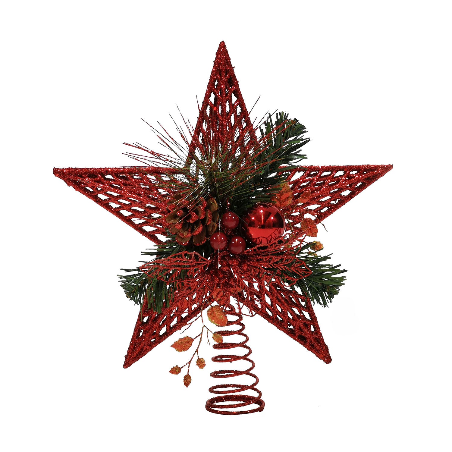 VESTIAMO CASA GRAN NATALE - Puntale Stella Natale Glitter Rossoc con Pigne h32 cm