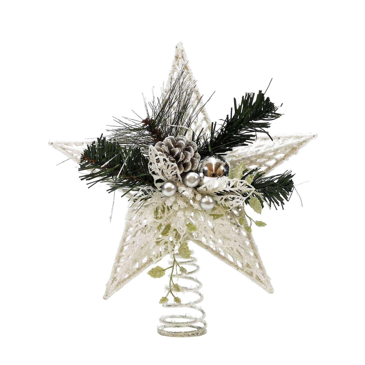 VESTIAMO CASA GRAN NATALE - Puntale Stella Natale Glitter Bianco con Pigne h32 cm