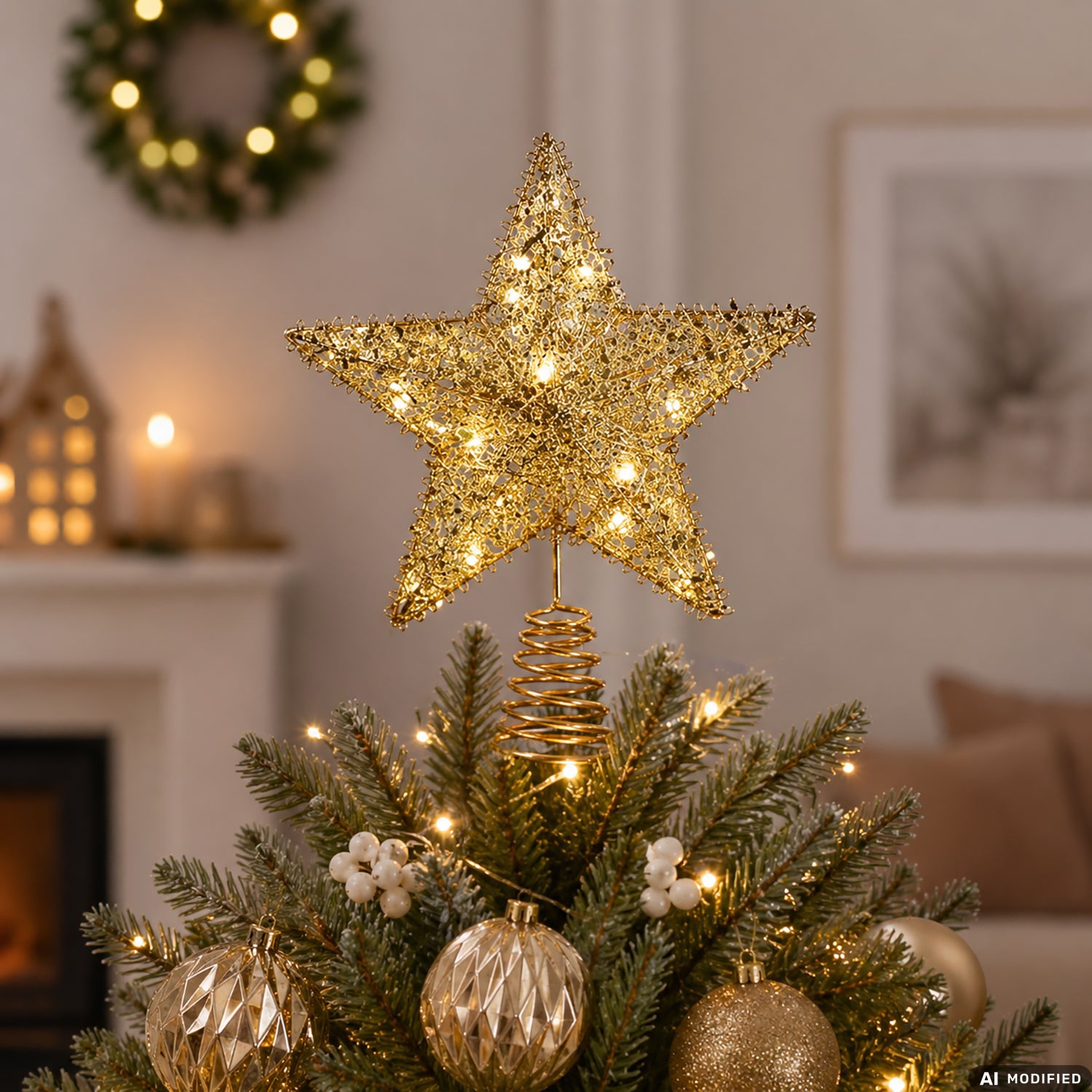 VESTIAMO CASA GRAN NATALE - Puntale Natalizio a Stella Oro Luminoso con 10 LED Bianco Caldo h28 cm