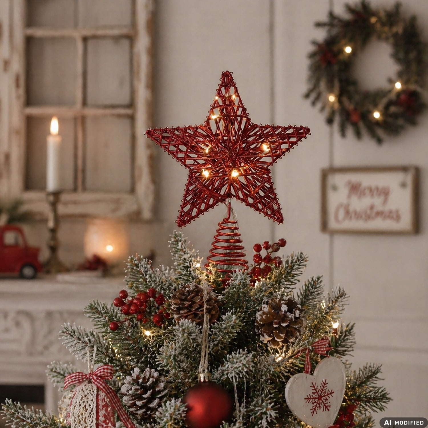 VESTIAMO CASA GRAN NATALE - Puntale Natalizio a Stella Rosso Luminoso con 10 LED Bianco Caldo h28 cm