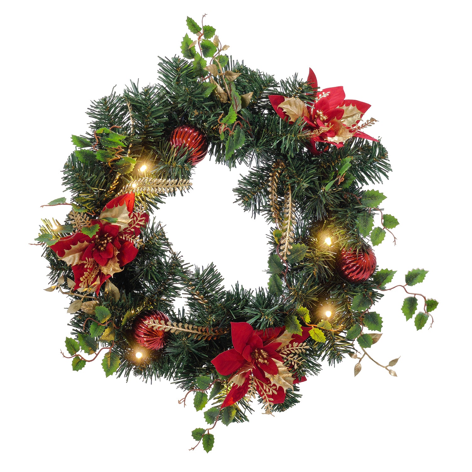 DICTROLUX - Ghirlanda Natalizia Artificiale Decorata con 10 LED Bianco Caldo a Batteria diametro 40 cm