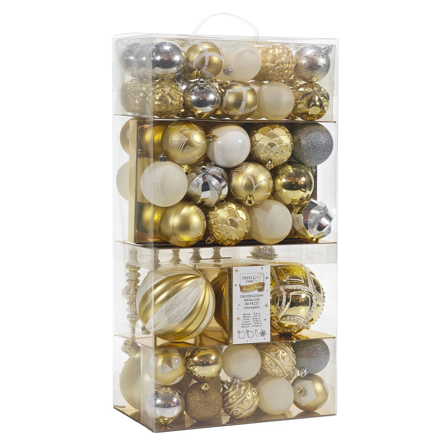 VESTIAMO CASA GRAN NATALE - Set 80 Decorazioni Natalizie Oro Bianco Silver - Palle e Addobbi
