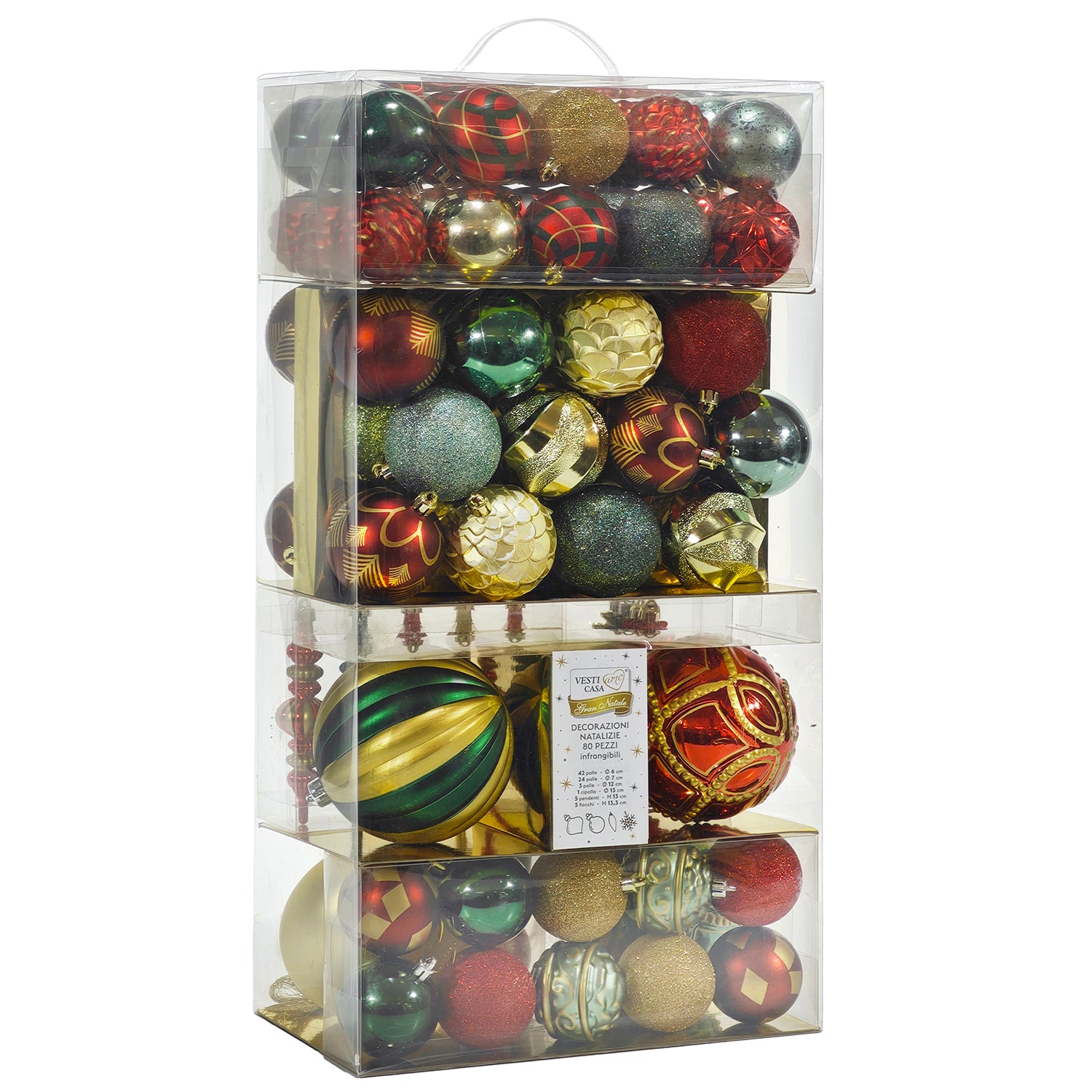 VESTIAMO CASA GRAN NATALE - Set 80 Decorazioni Natalizie Rosso Oro Verde - Palle e Addobbi