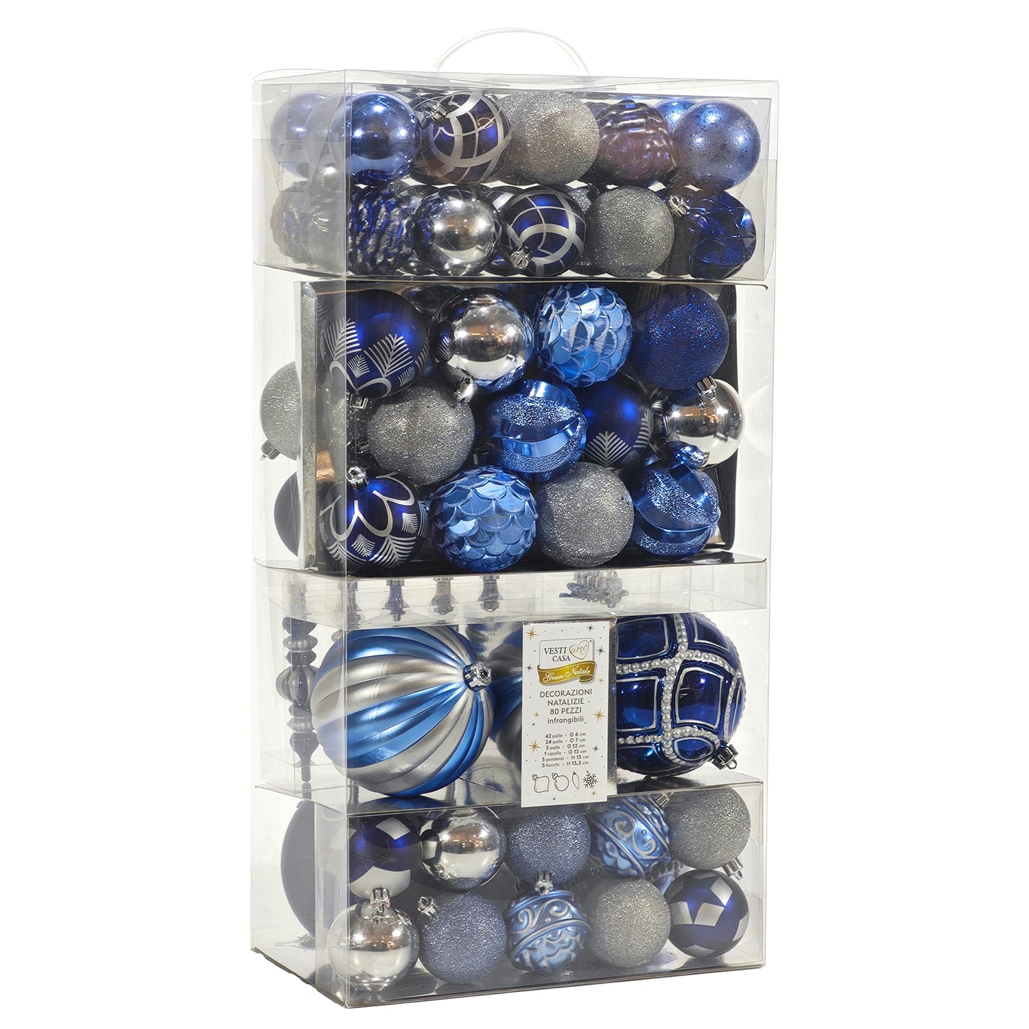 VESTIAMO CASA GRAN NATALE - Set 80 Decorazioni Natalizie Blu Silver - Palle e Addobbi
