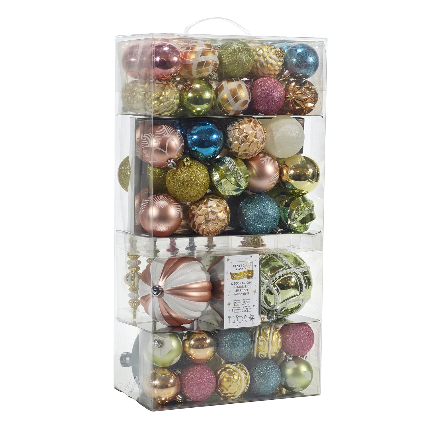 VESTIAMO CASA GRAN NATALE - Set 80 Decorazioni Natalizie Rosa Celeste Verde - Palle e Addobbi