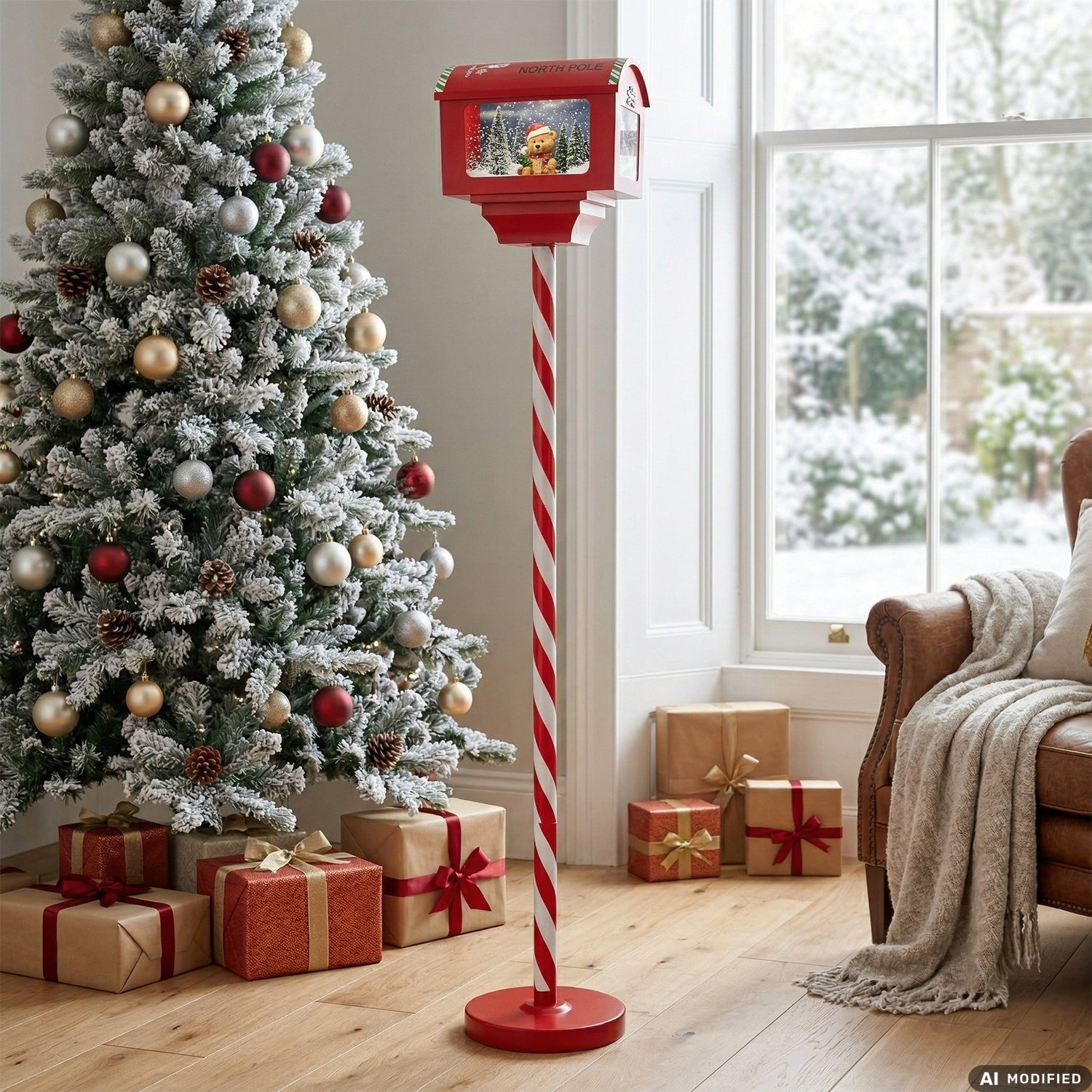 VESTIAMO CASA GRAN NATALE - Cassetta Postale Natalizia Luminosa Orsetto con Effetto Neve e Musica Santa North Pole - h150x27x20 cm