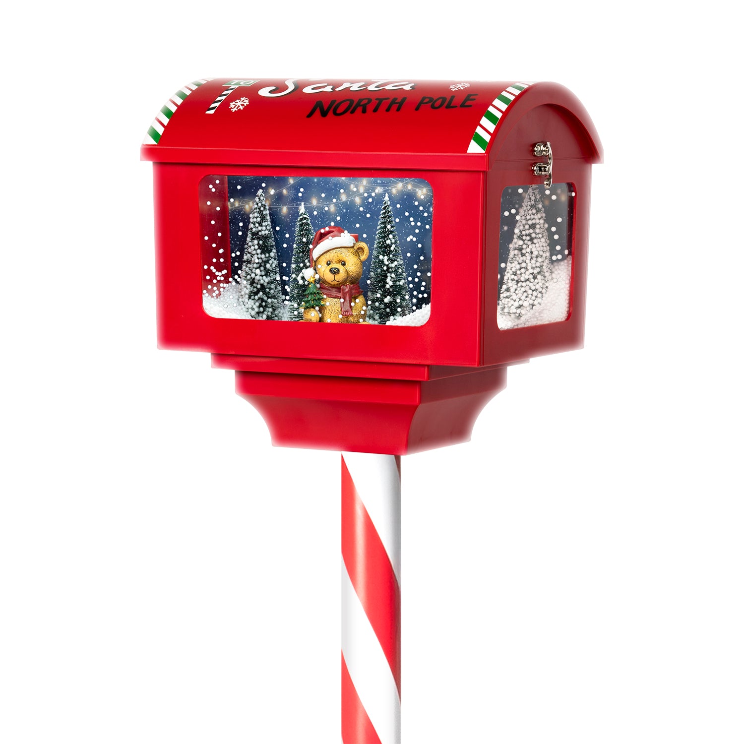 VESTIAMO CASA GRAN NATALE - Cassetta Postale Natalizia Luminosa Orsetto con Effetto Neve e Musica Santa North Pole - h150x27x20 cm