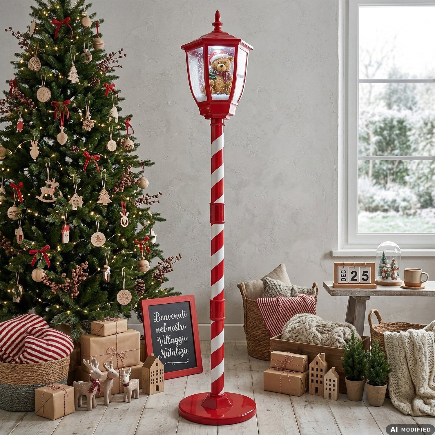 VESTIAMO CASA GRAN NATALE - Lampione Natalizio Luminoso Orsetto con Effetto Neve e Musica - h150x30x30 cm