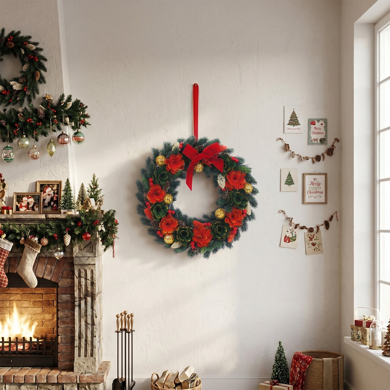 VESTIAMO CASA GRAN NATALE - Ghirlanda Natalizia Decorativa con Fiocco Rosso diametro 45 cm