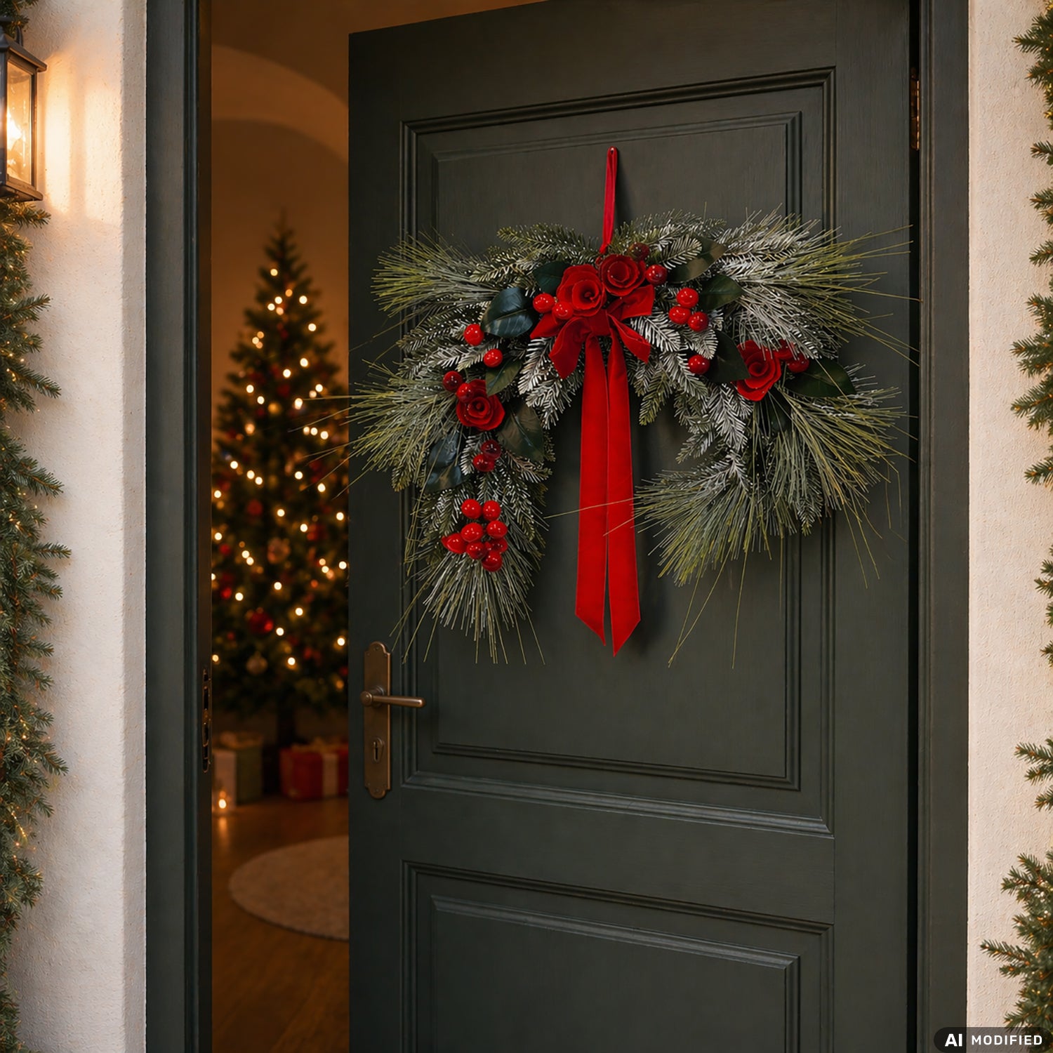 VESTIAMO CASA GRAN NATALE - Decorazione Natalizia Dietroporta con Fiocco Rosso 50 cm