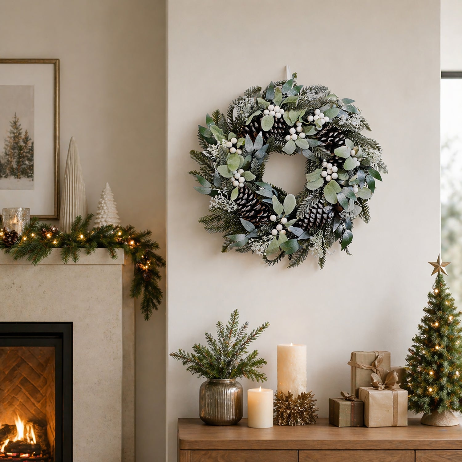 VESTIAMO CASA GRAN NATALE - Ghirlanda Natalizia Decorativa con Pigne e Bacche diametro 50 cm