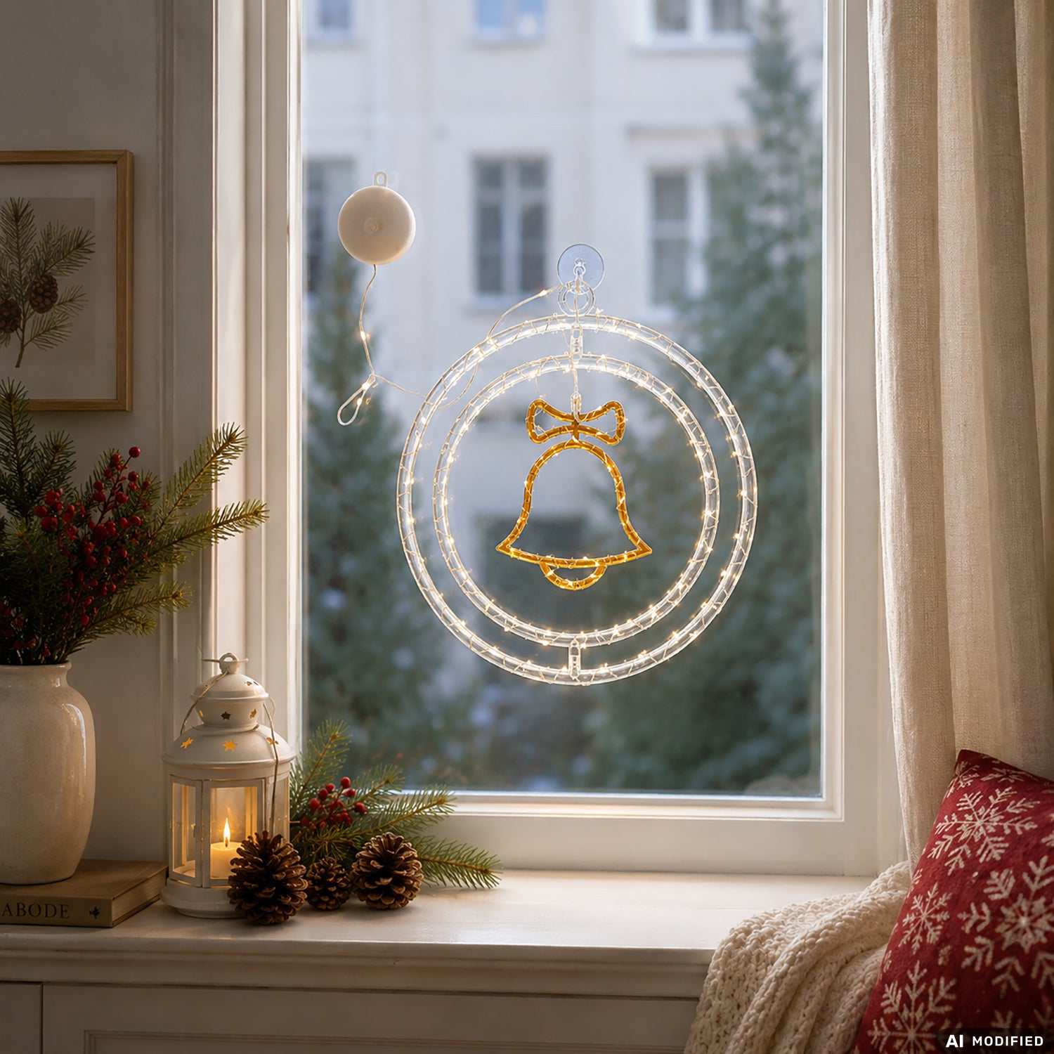 DICTROLUX - Decorazione Natalizia Luminosa Dietroporta 72 Micro LED Bianco Caldo a Batteria con Ventosa e Gancio diametro 36 cm - Stella, Campana o Albero