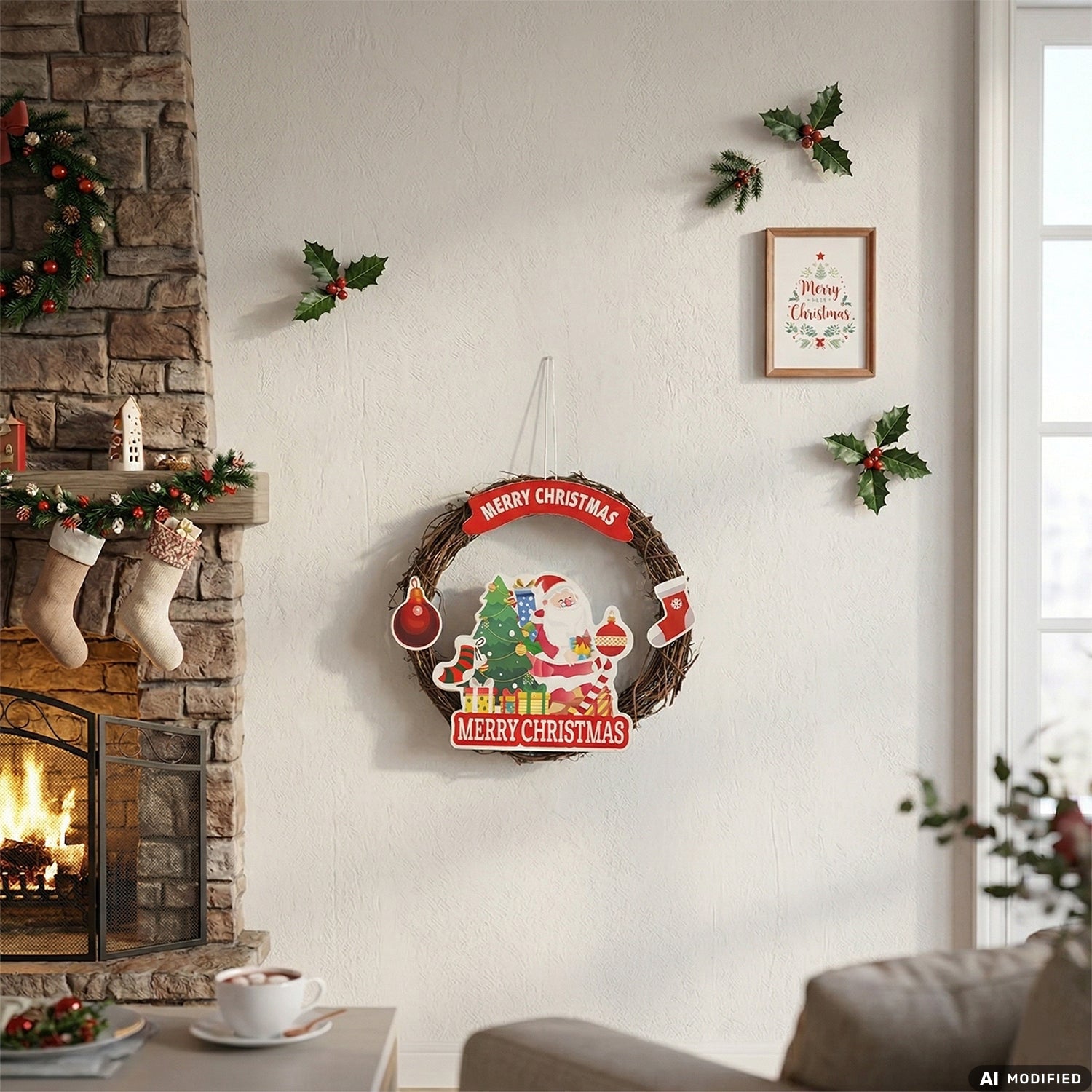 VESTIAMO CASA GRAN NATALE - Ghirlanda Natalizia Decorativa con Personaggi e Scritta Merry Christmas diametro 26 cm