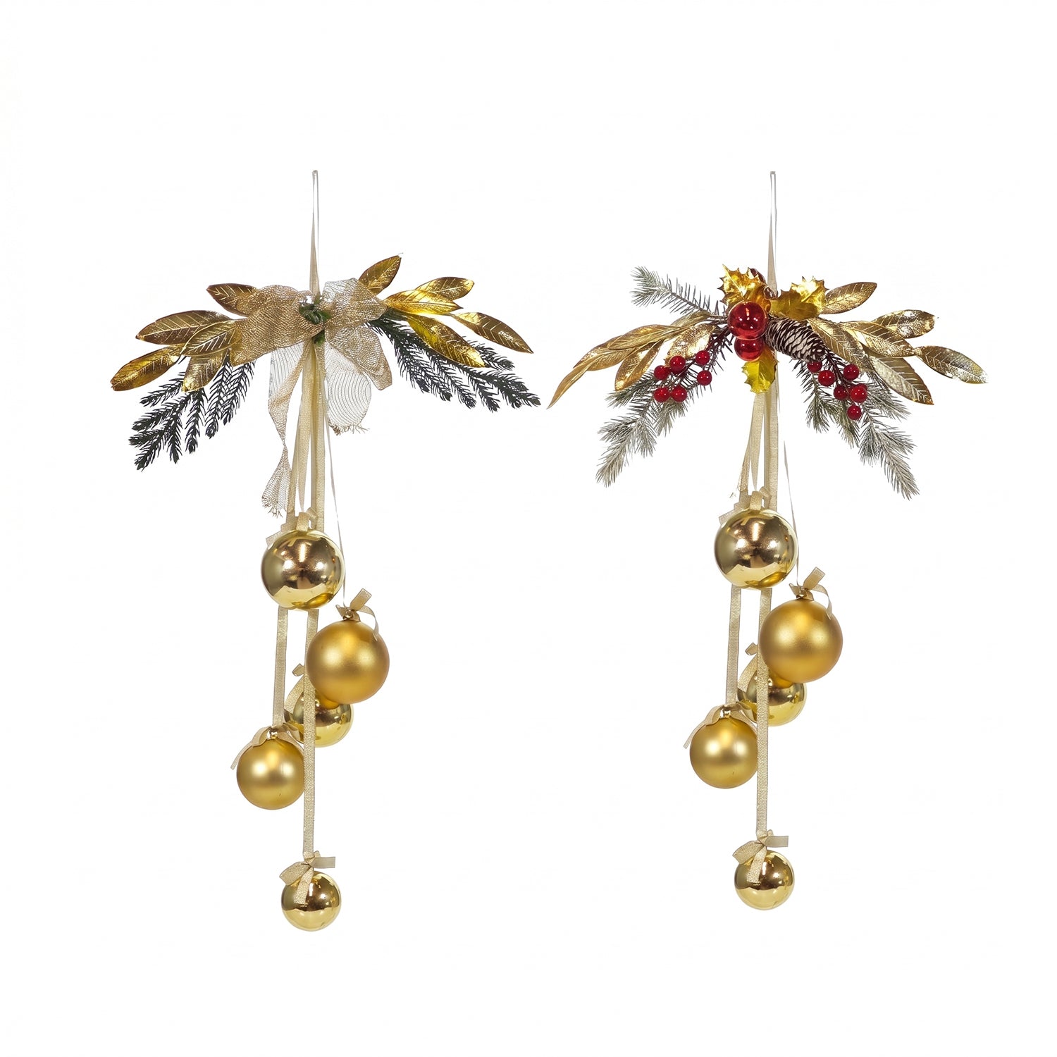 VESTIAMO CASA GRAN NATALE - Decorazione Natalizia Pendente con Palline Oro e Foglie Decorative h60 cm