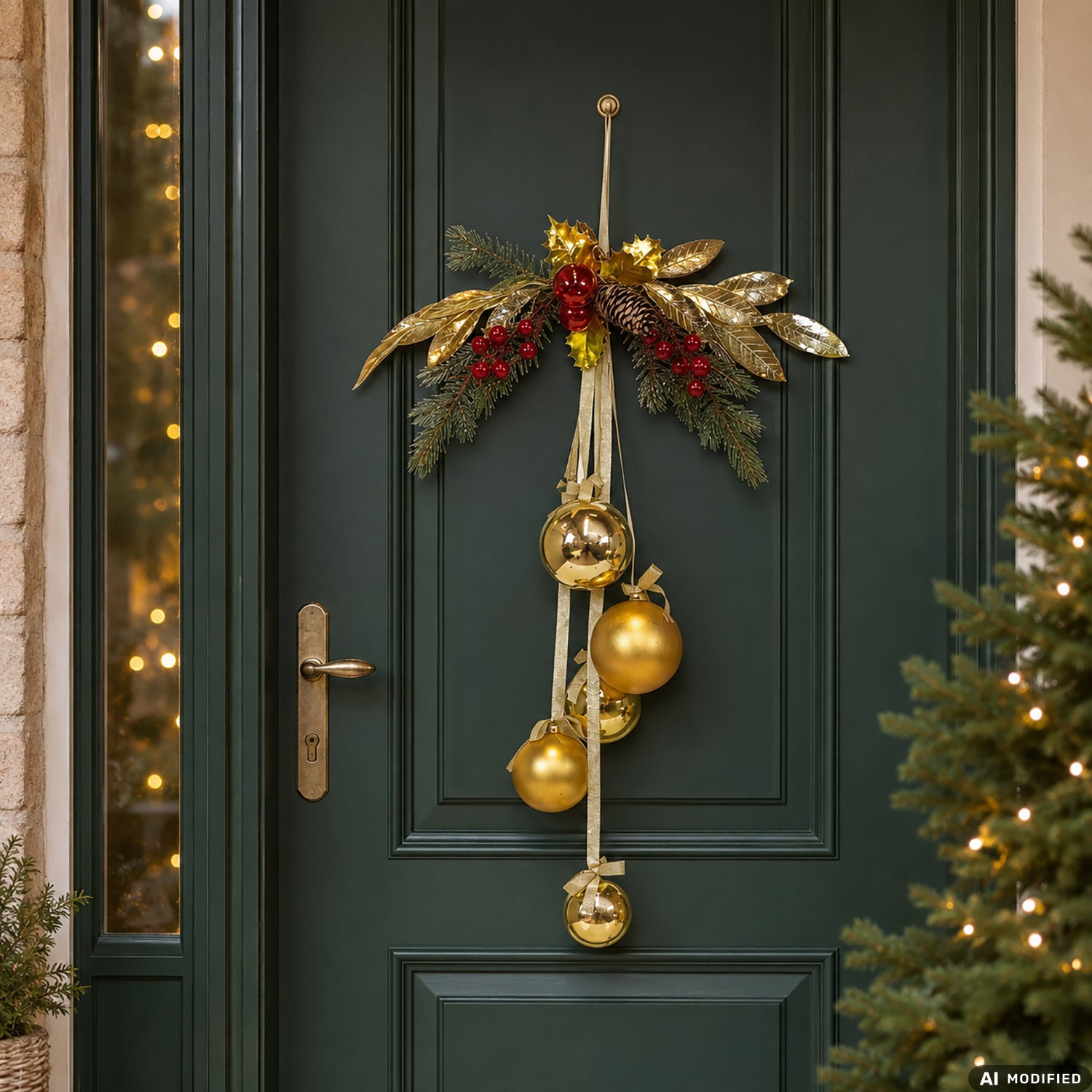 VESTIAMO CASA GRAN NATALE - Decorazione Natalizia Pendente con Palline Oro e Foglie Decorative h60 cm
