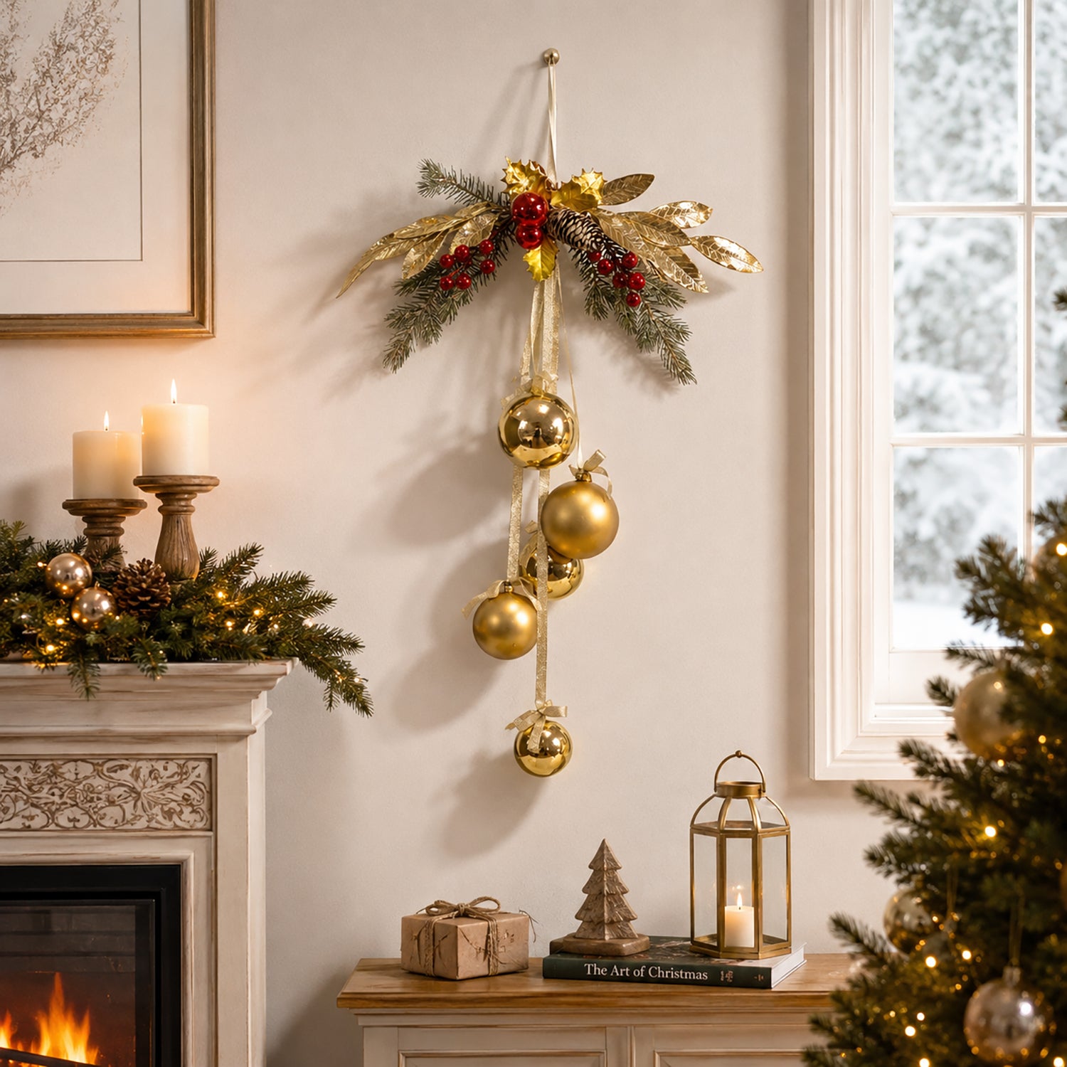 VESTIAMO CASA GRAN NATALE - Decorazione Natalizia Pendente con Palline Oro e Foglie Decorative h60 cm