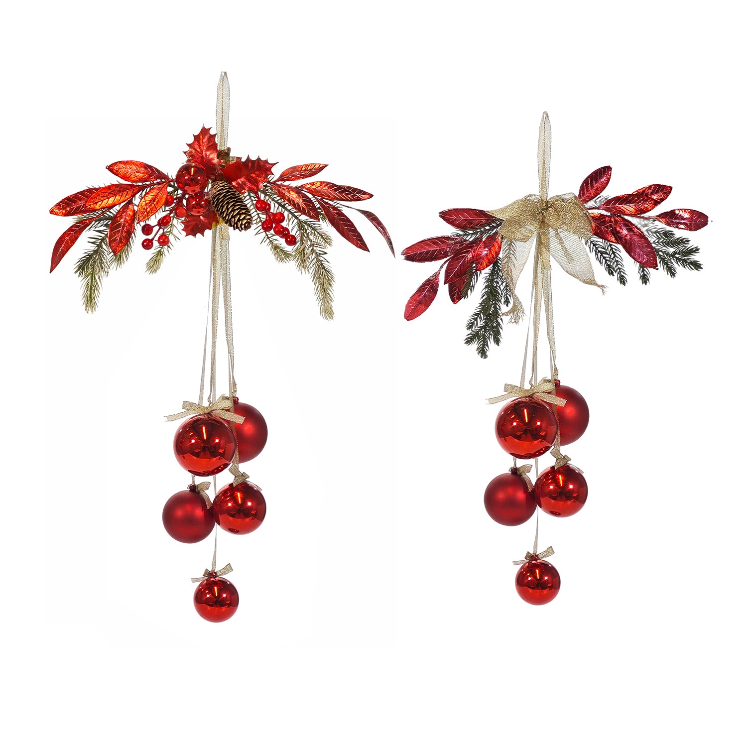 VESTIAMO CASA GRAN NATALE - Decorazione Natalizia Pendente con Palline Rosse e Foglie Decorative h60 cm