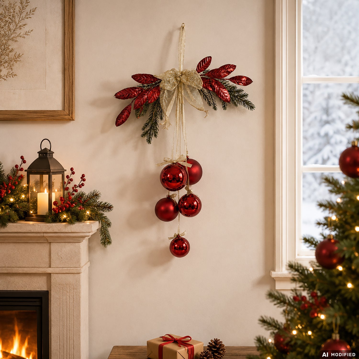 VESTIAMO CASA GRAN NATALE - Decorazione Natalizia Pendente con Palline Rosse e Foglie Decorative h60 cm