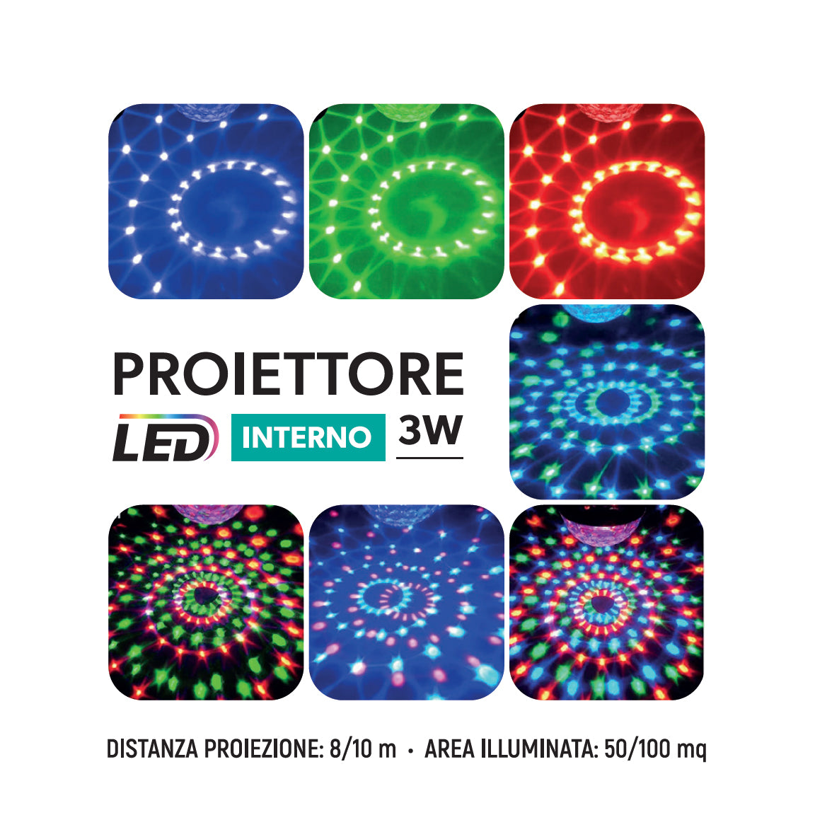 DICTROLUX - Proiettore LED RGB da Interno 3W con Telecomando, Rotazione 360°, Effetti Luce e Modalità Strobo a ritmo di musica