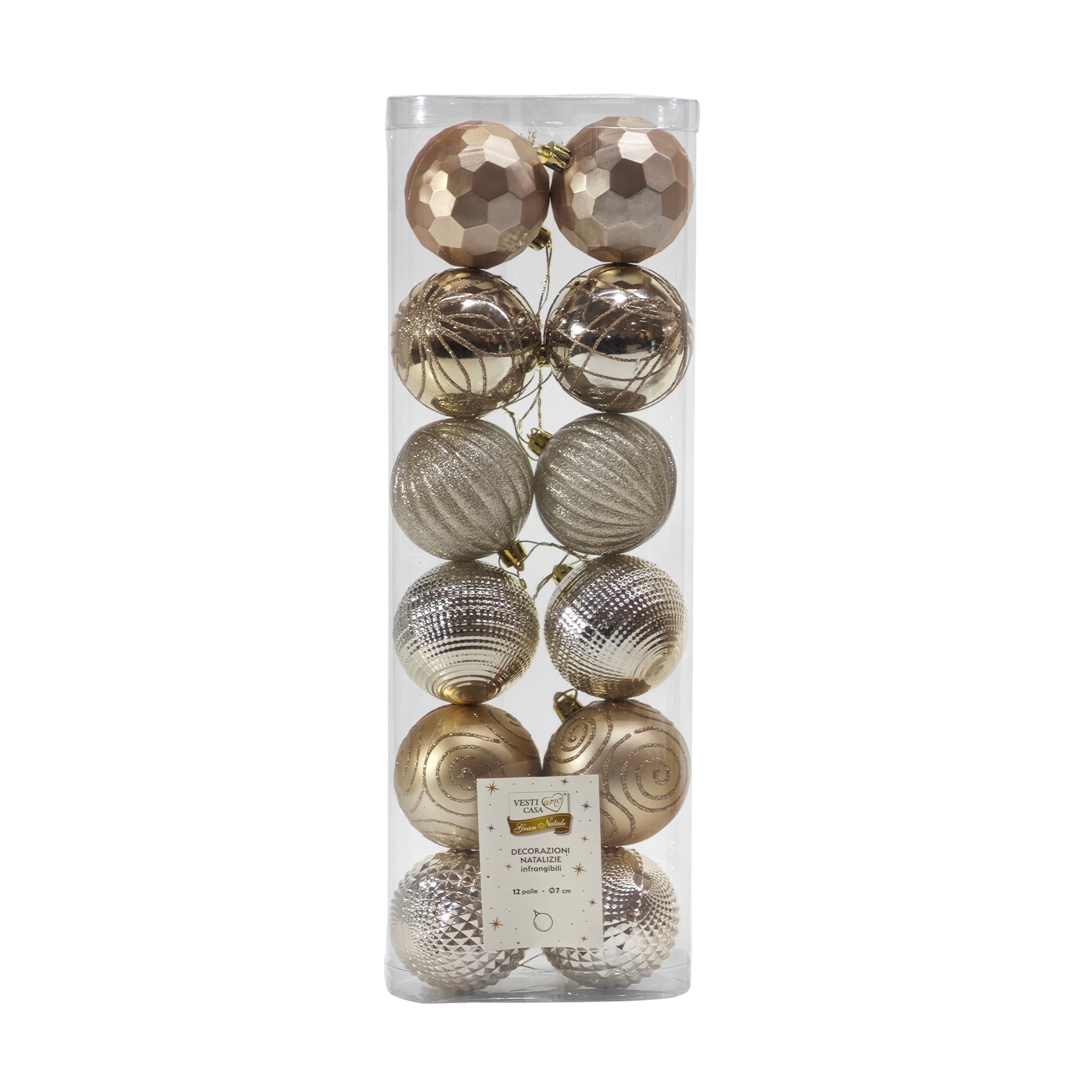 VESTIAMO CASA GRAN NATALE - Set 12 Palline di Natale Champagne diametro 7 cm