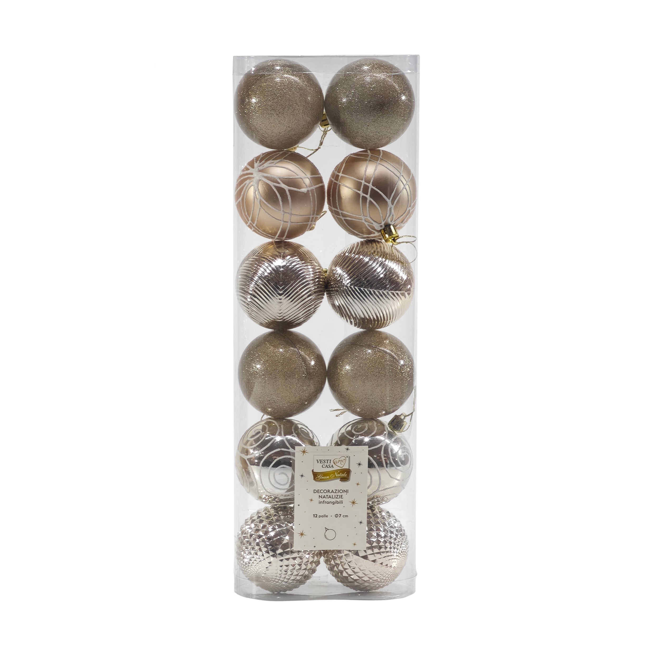 VESTIAMO CASA GRAN NATALE - Set 12 Palline di Natale Champagne diametro 7 cm