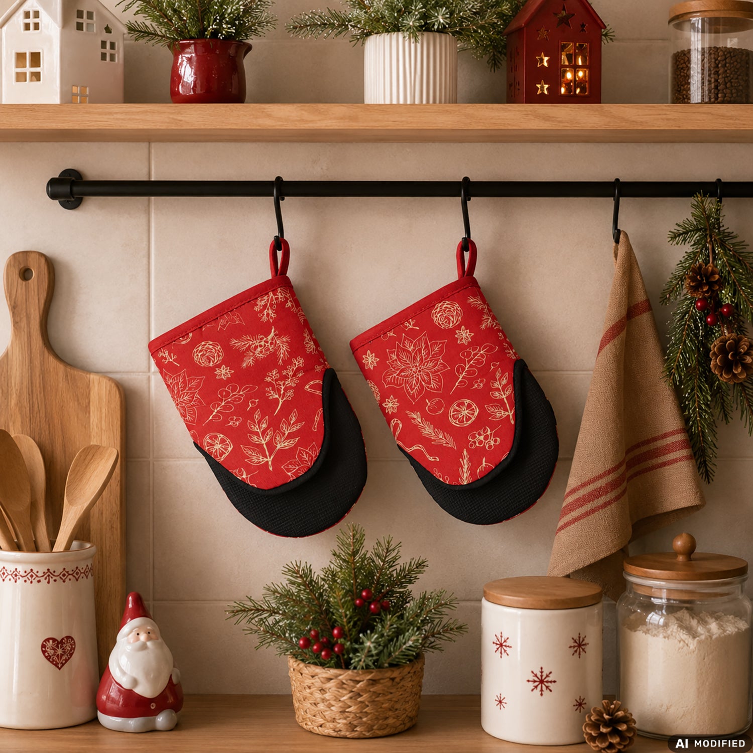 VESTIAMO CASA GRAN NATALE - Set 2 Guanti da Cucina Natalizi in Cotone con Strato in Neoprene Antiscivolo 13x20 cm