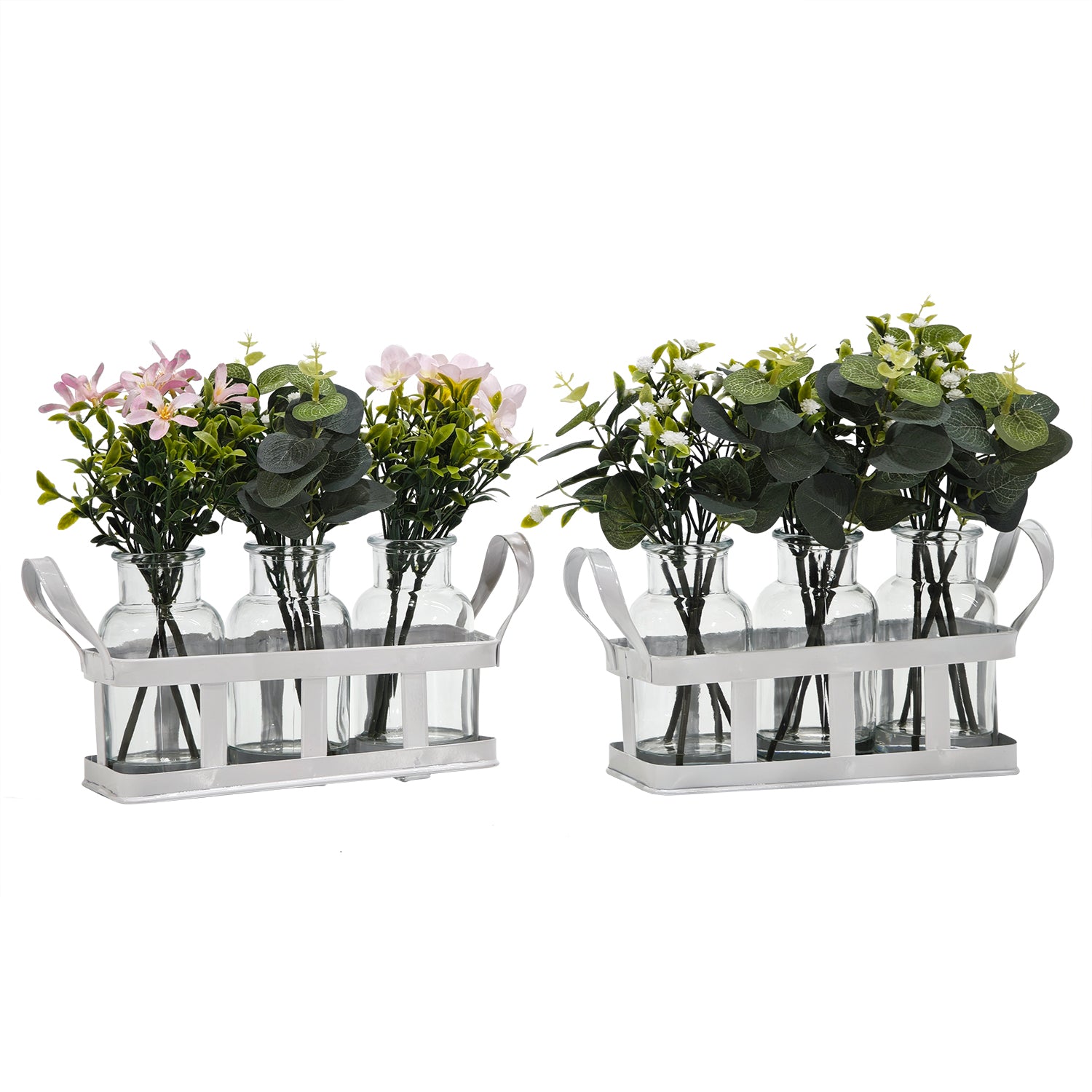 VESTIAMO CASA - Set 3 Piantine Artificiali in Vasetti di Vetro con Cassetta in Metallo Bianco h24x22x8 cm