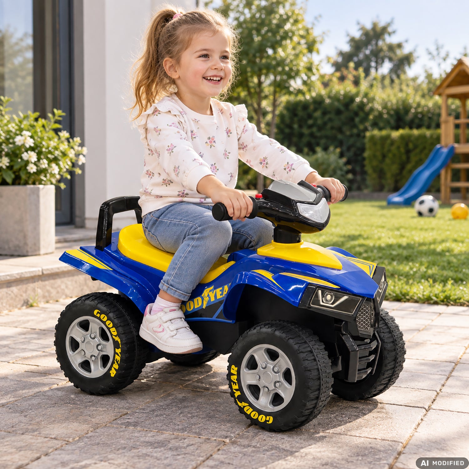 TU GIOCHI - Quad Elettrico Cavalcabile Goodyear con Luci 3+ Anni