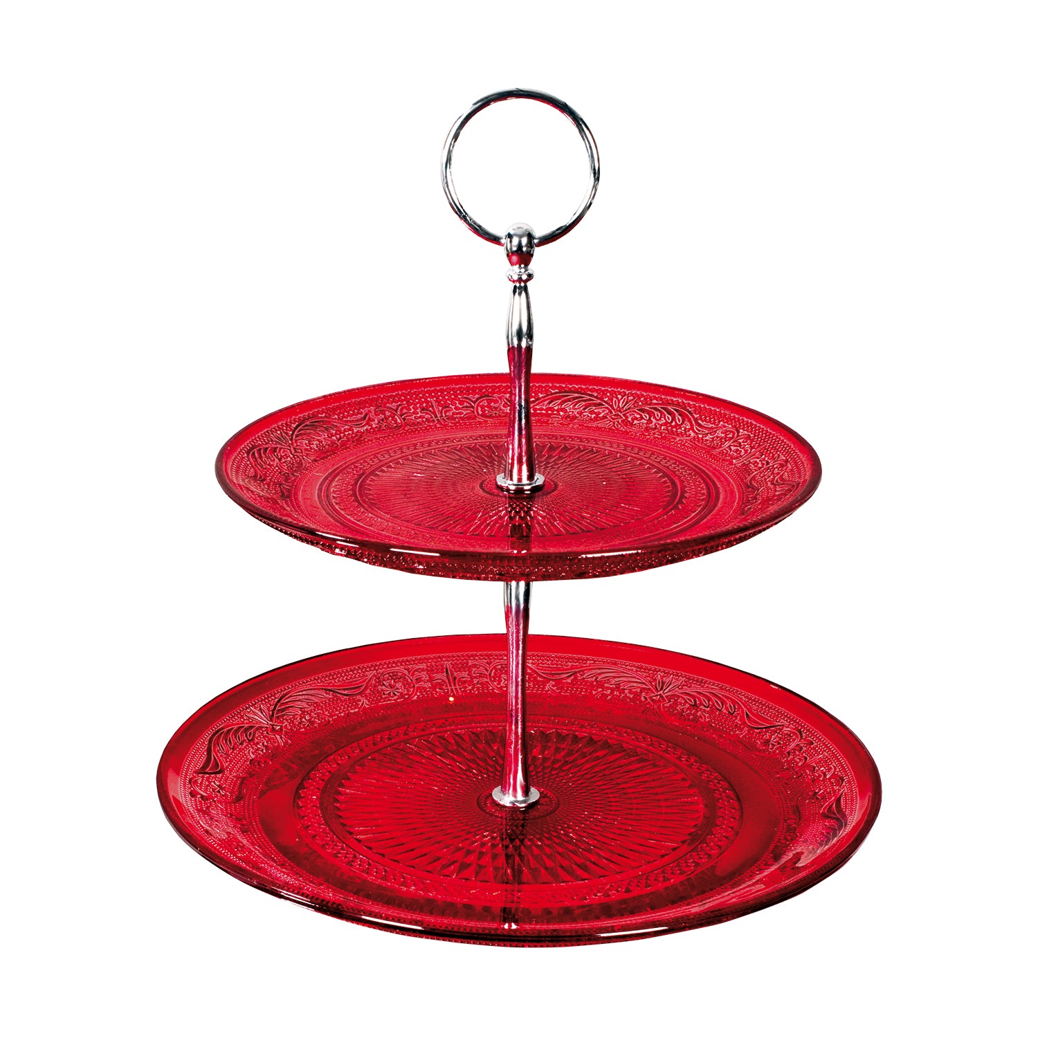 GUSTO CASA - Alzata a 2 Piani in Vetro Rosso per Dolci, Frutta e Dessert diametro 23/18 cm
