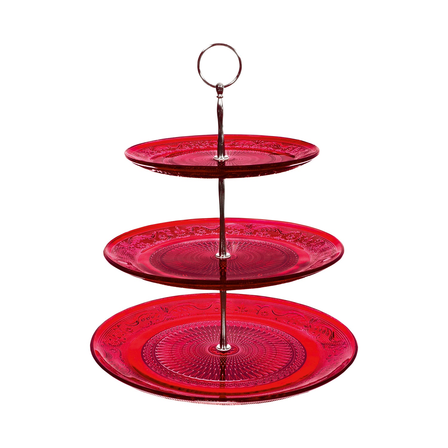 GUSTO CASA - Alzata a 3 Piani in Vetro Rosso per Dolci, Frutta e Dessert diametro 29/25/20 cm