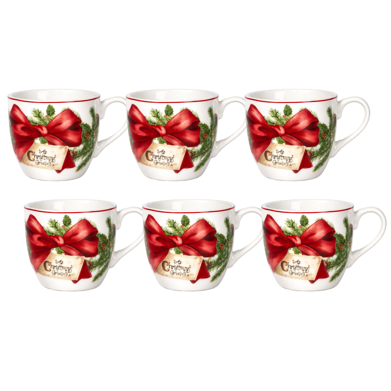 VESTIAMO CASA GRAN NATALE - Set 6 Tazzine da Caffè Natalizie Red Ribbon Garland in Porcellana 9 cl