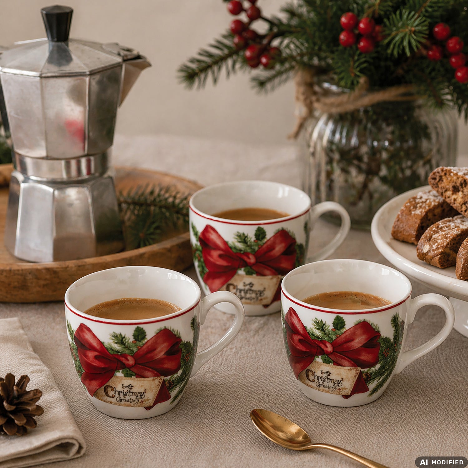 VESTIAMO CASA GRAN NATALE - Set 6 Tazzine da Caffè Natalizie Red Ribbon Garland in Porcellana 9 cl