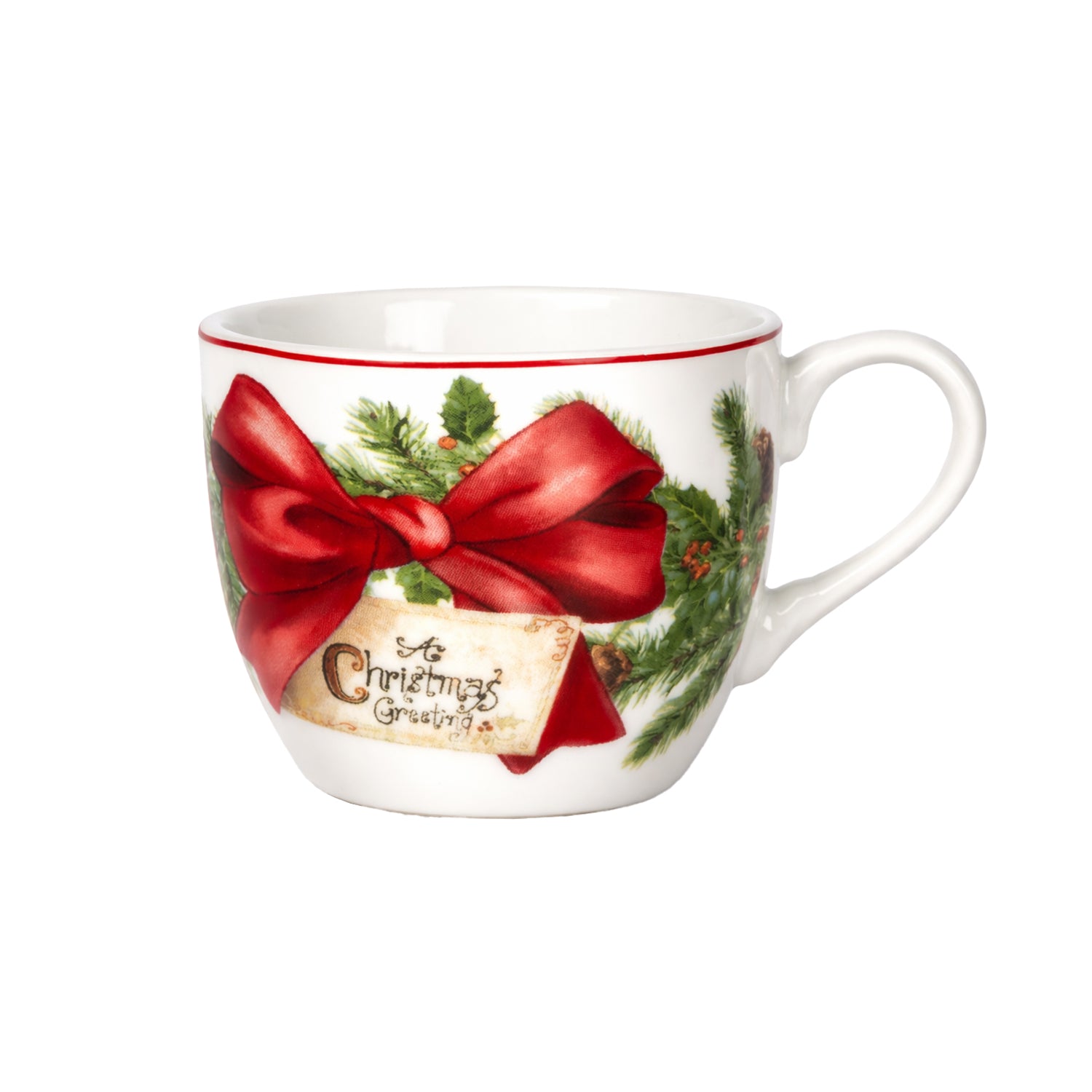 VESTIAMO CASA GRAN NATALE - Set 6 Tazzine da Caffè Natalizie Red Ribbon Garland in Porcellana 9 cl