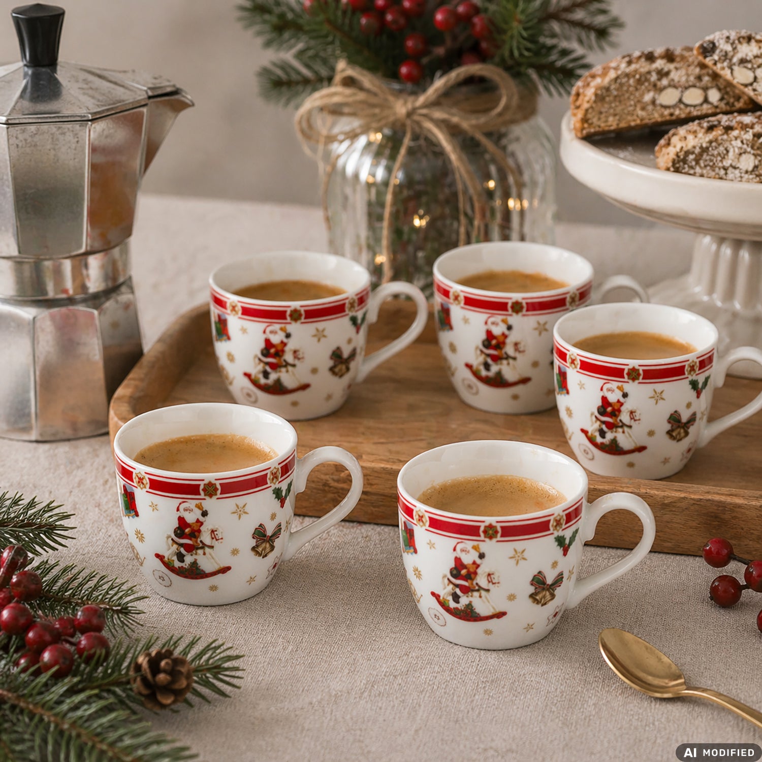 VESTIAMO CASA GRAN NATALE - Set 6 Tazzine da Caffè Natalizie Ribbon Treasures in Porcellana 9 cl