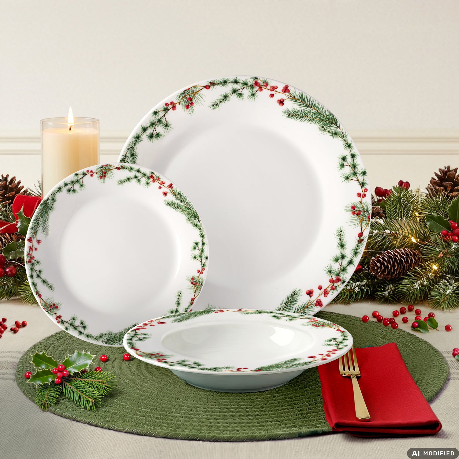 VESTIAMO CASA GRAN NATALE - Servizio di piatti Natalizio Pure Pine in Porcellana 12 pezzi
