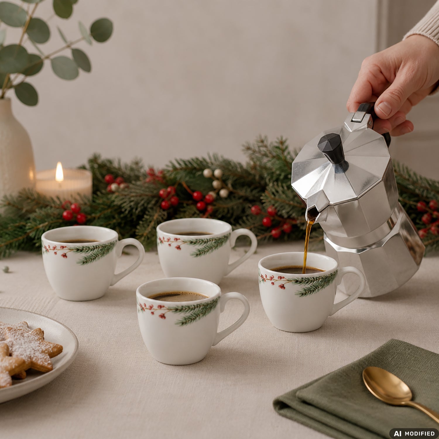 VESTIAMO CASA GRAN NATALE - Set 4 Tazzine da Caffè Natalizie Pure Pine in Porcellana 9 cl