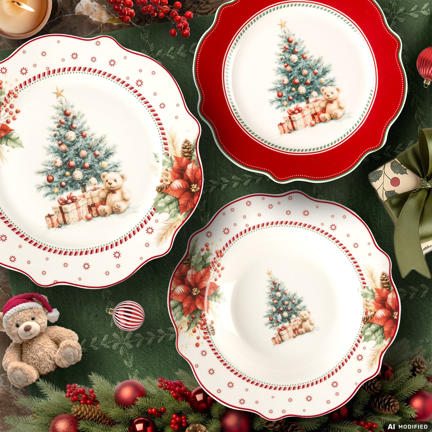 VESTIAMO CASA GRAN NATALE - Servizio di piatti Natalizio Christmas Bear in Porcellana New Bone China 18 pezzi