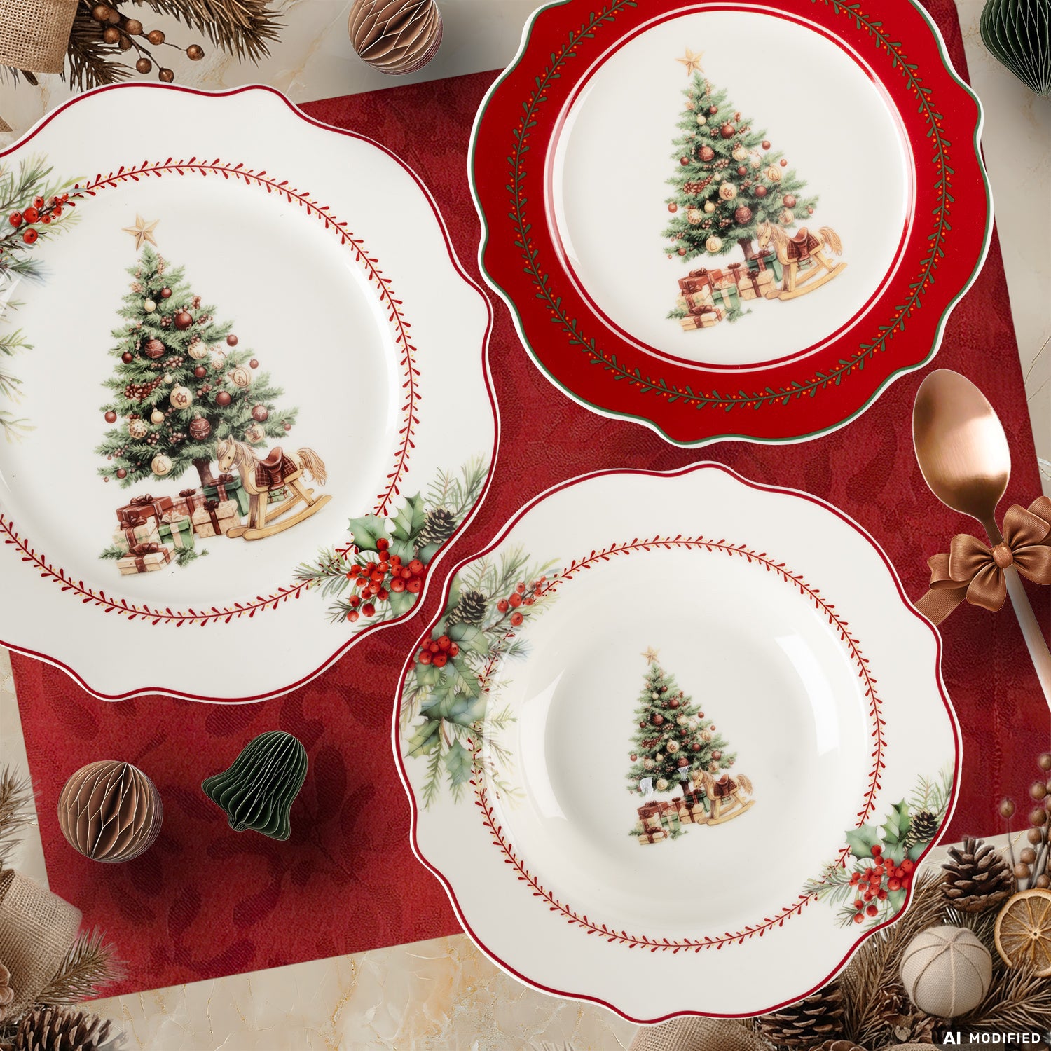 VESTIAMO CASA GRAN NATALE - Servizio di piatti Natalizio Present's Tree in Porcellana New Bone China 18 pezzi