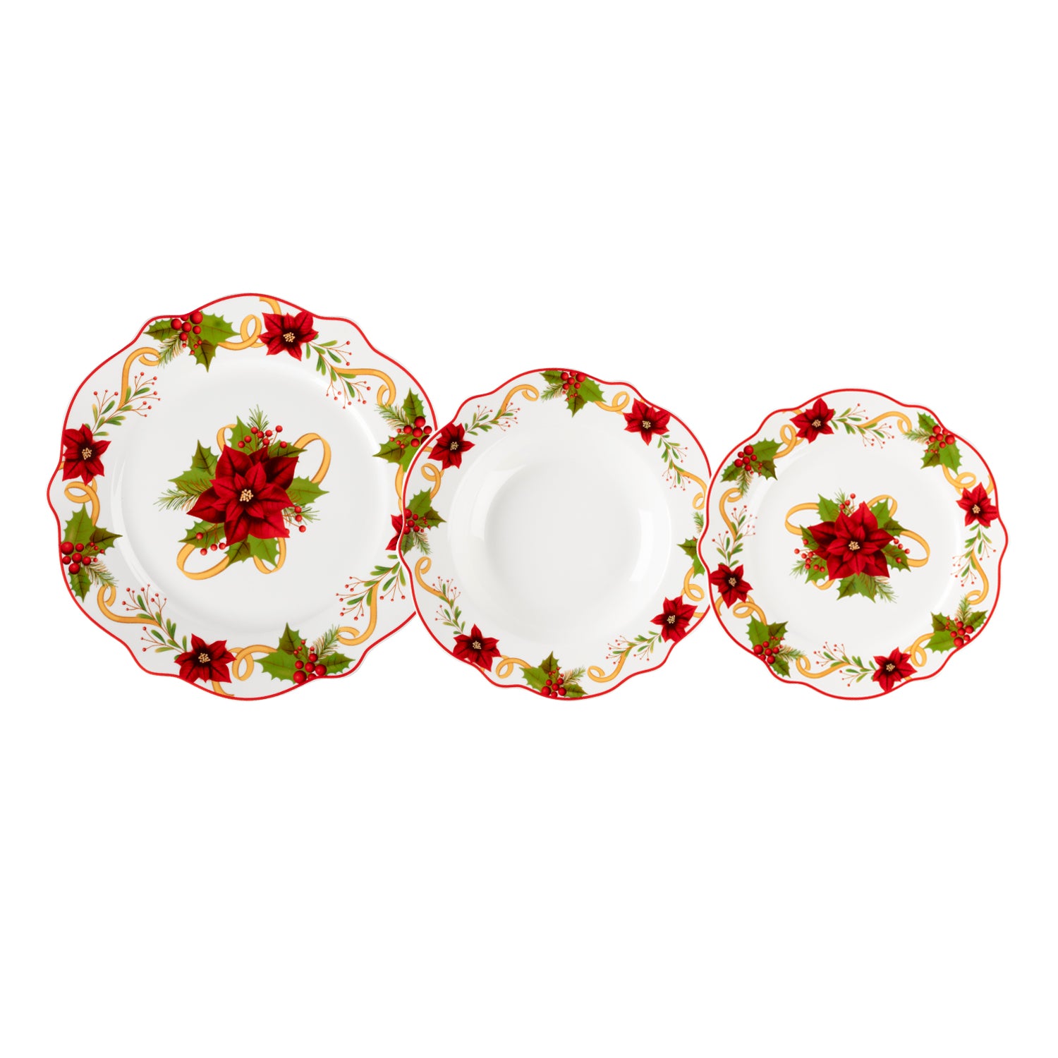 VESTIAMO CASA GRAN NATALE - Servizio di piatti Natalizio Elegant Holly Bow in Porcellana New Bone China 18 pezzi