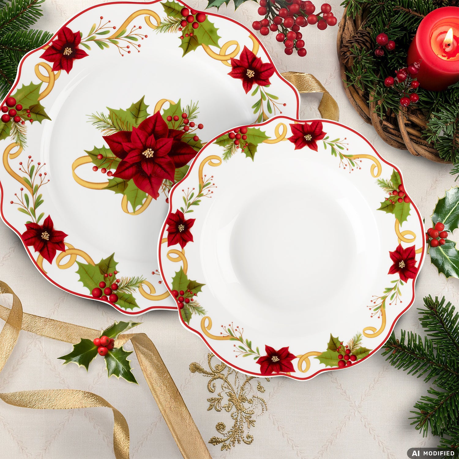 VESTIAMO CASA GRAN NATALE - Servizio di piatti Natalizio Elegant Holly Bow in Porcellana New Bone China 18 pezzi