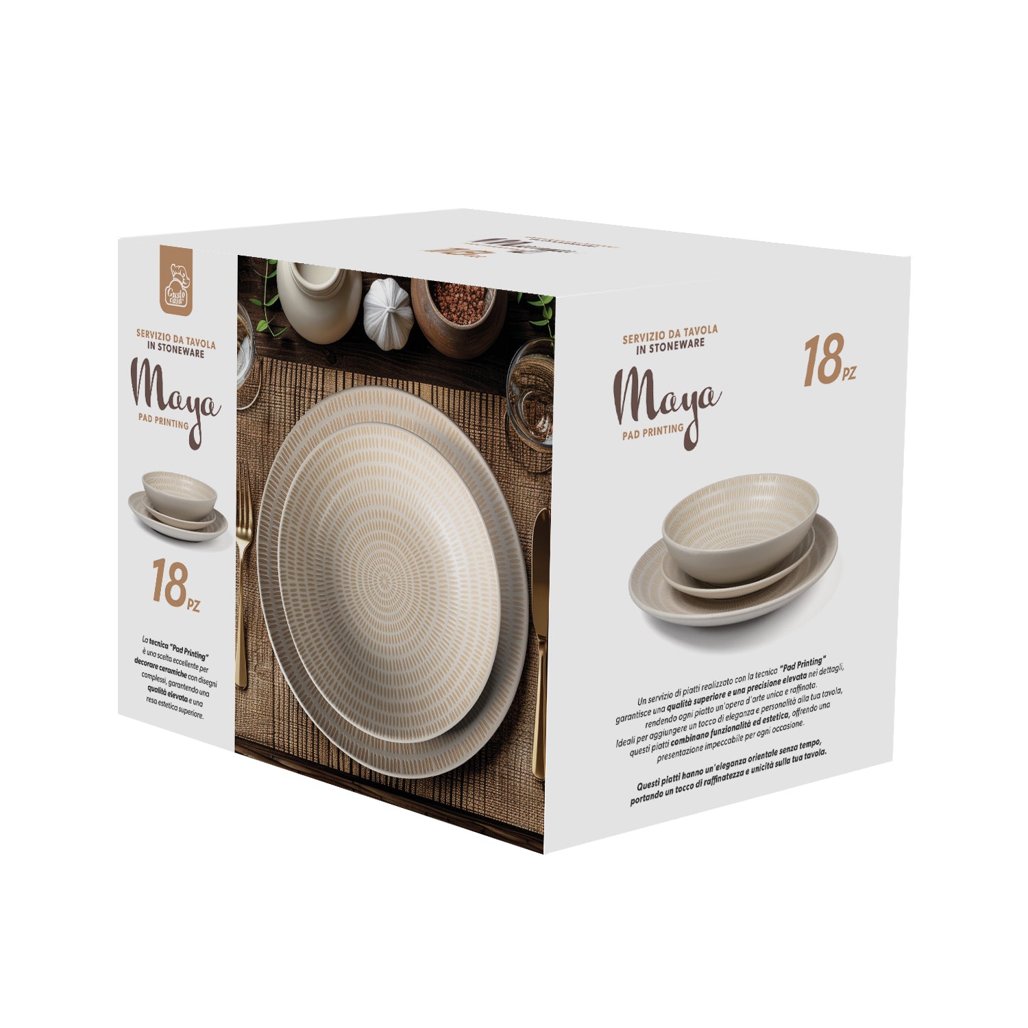 GUSTO CASA - Servizio di piatti in stoneware Maya Pad Printing Bianco 18 pezzi