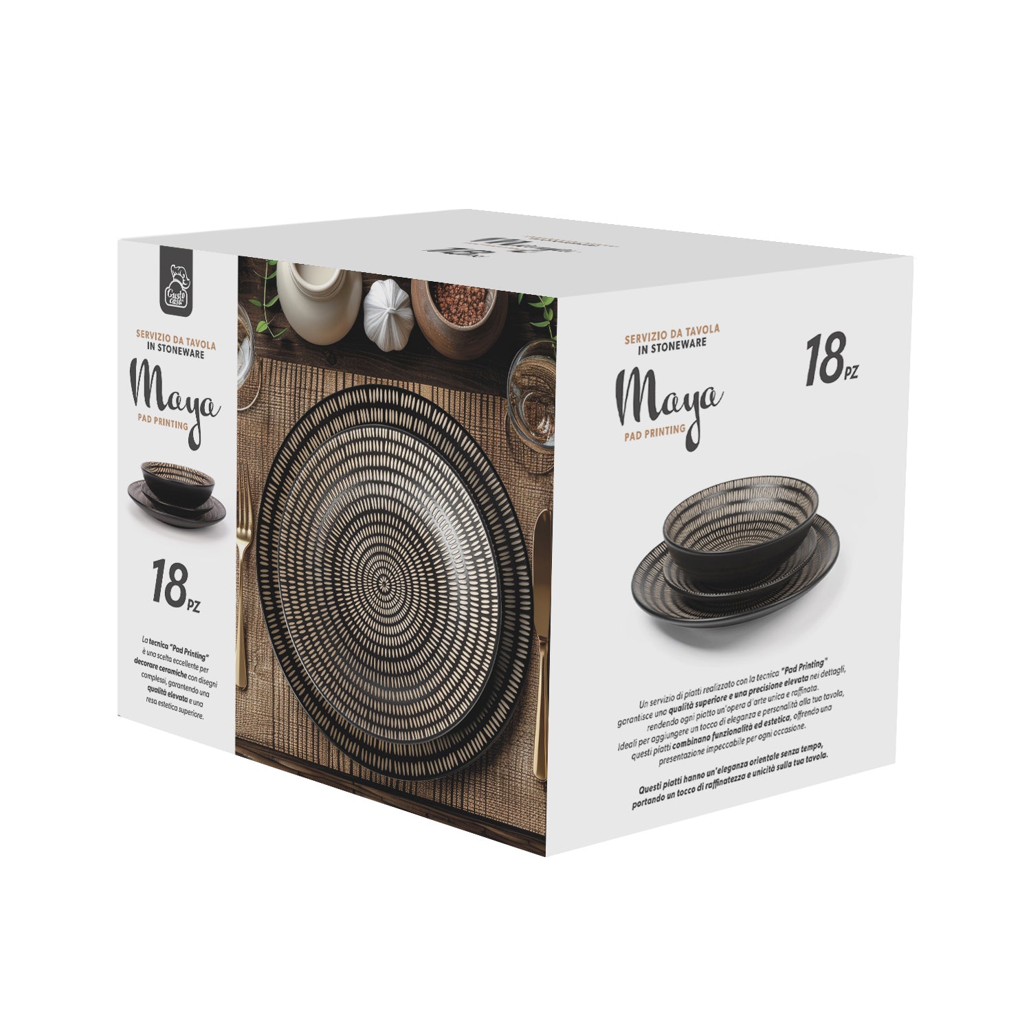 GUSTO CASA - Servizio di piatti in stoneware Maya Pad Printing Nero 18 pezzi