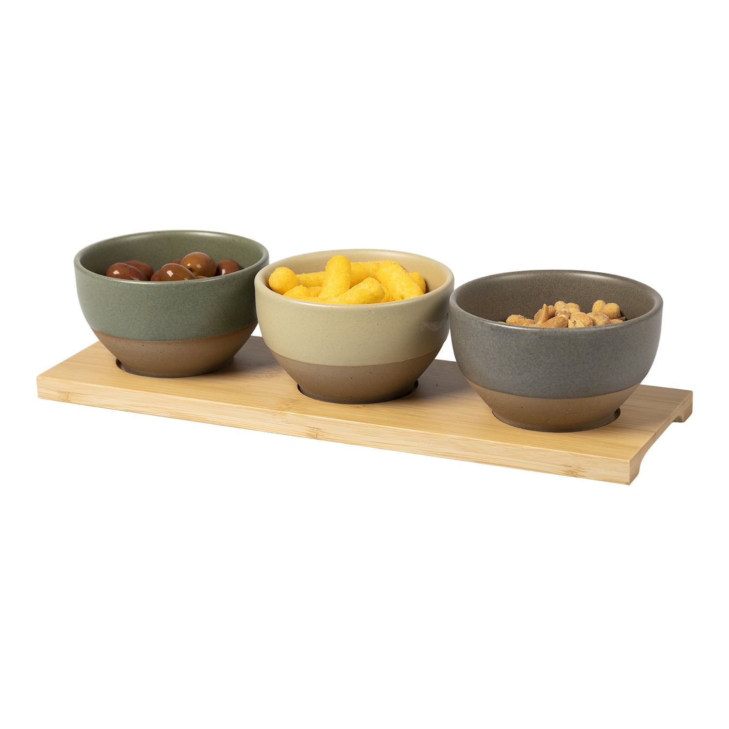 GUSTO CASA - Ciotole in stoneware con Vassoio in Bamboo 25 cl - set 3 pezzi