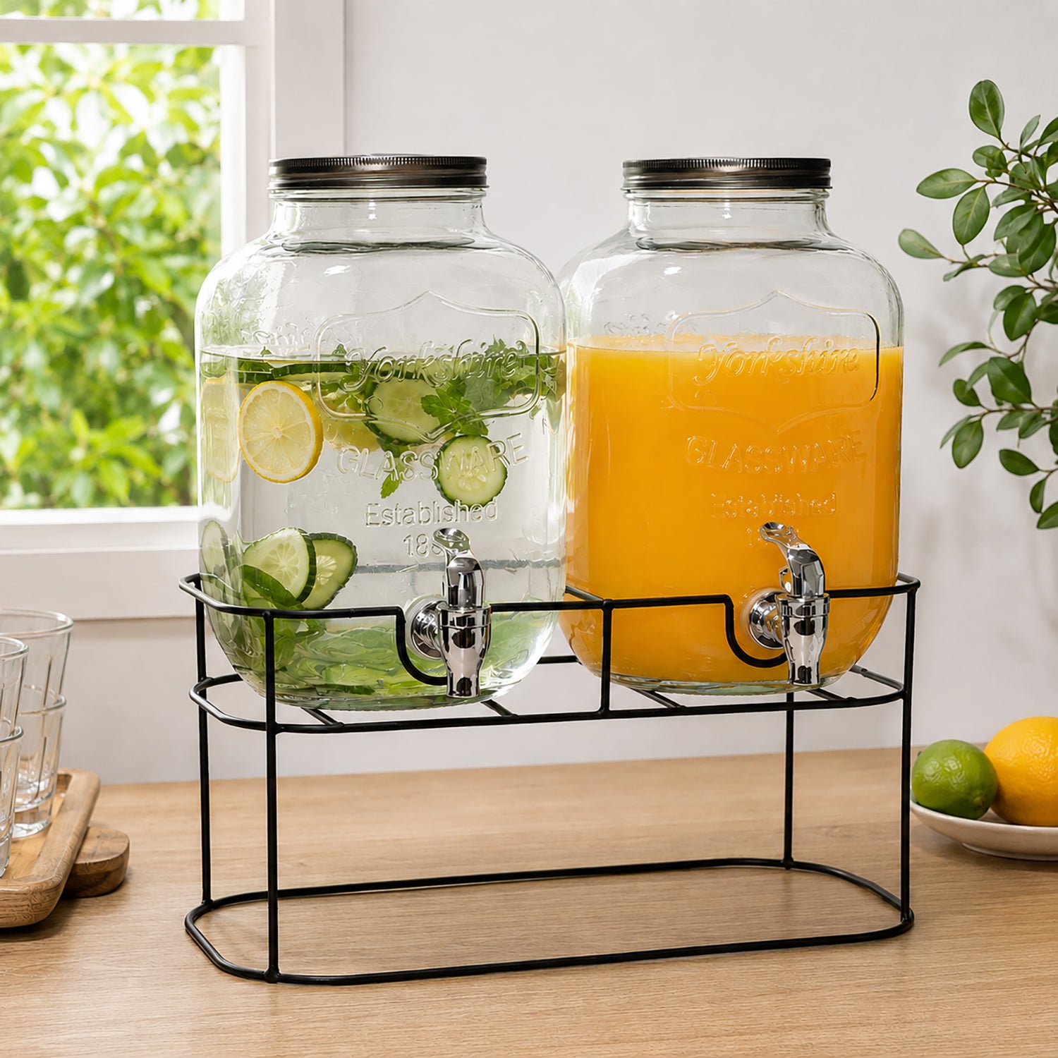 GUSTO CASA - Doppio Dispenser Bevande in Vetro con Stand 5 + 5 Litri