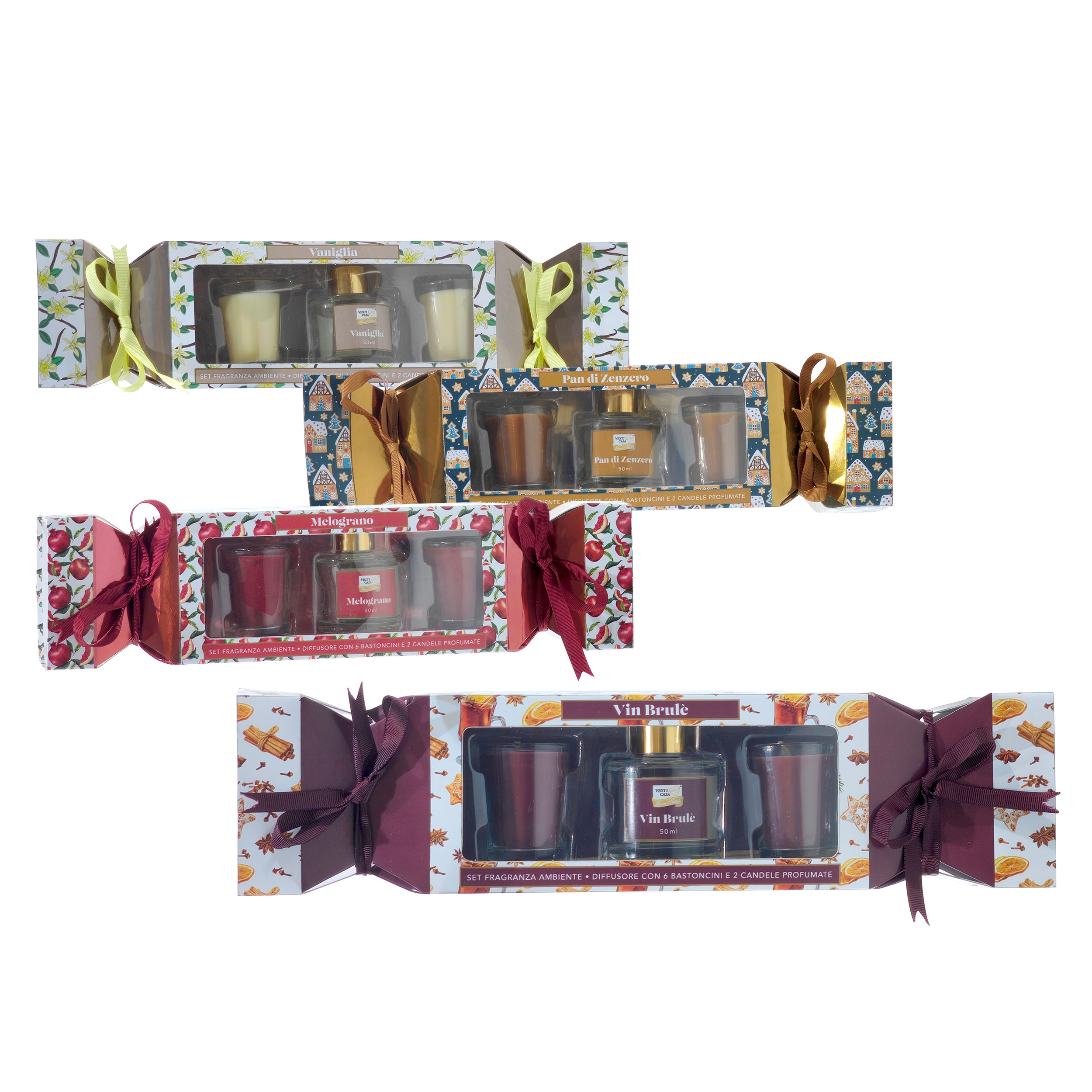 VESTIAMO CASA GRAN NATALE - Set Fragranza Ambiente - Diffusore con 6 bastoncini e 2 Candele Profumate