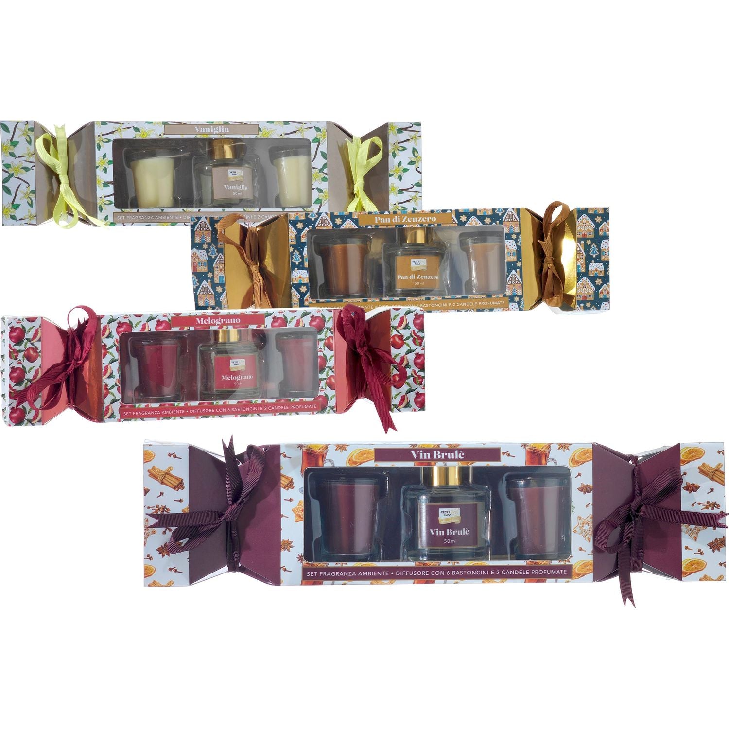 VESTIAMO CASA GRAN NATALE - Set Fragranza Ambiente - Diffusore con 6 bastoncini e 2 Candele Profumate