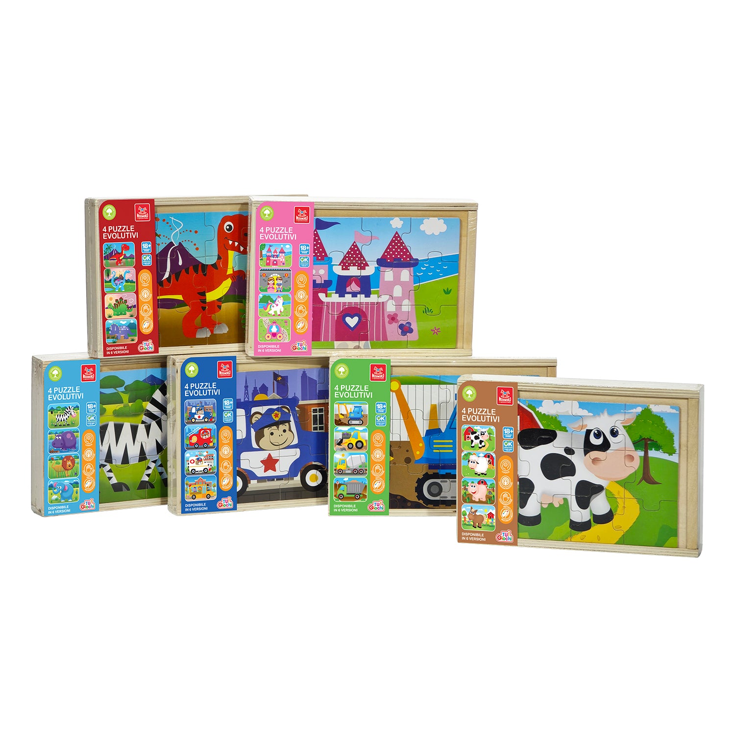 TU GIOCHI - Set 4 Puzzle Evolutivi in Legno con Contenitore 48 Pezzi Woodworld